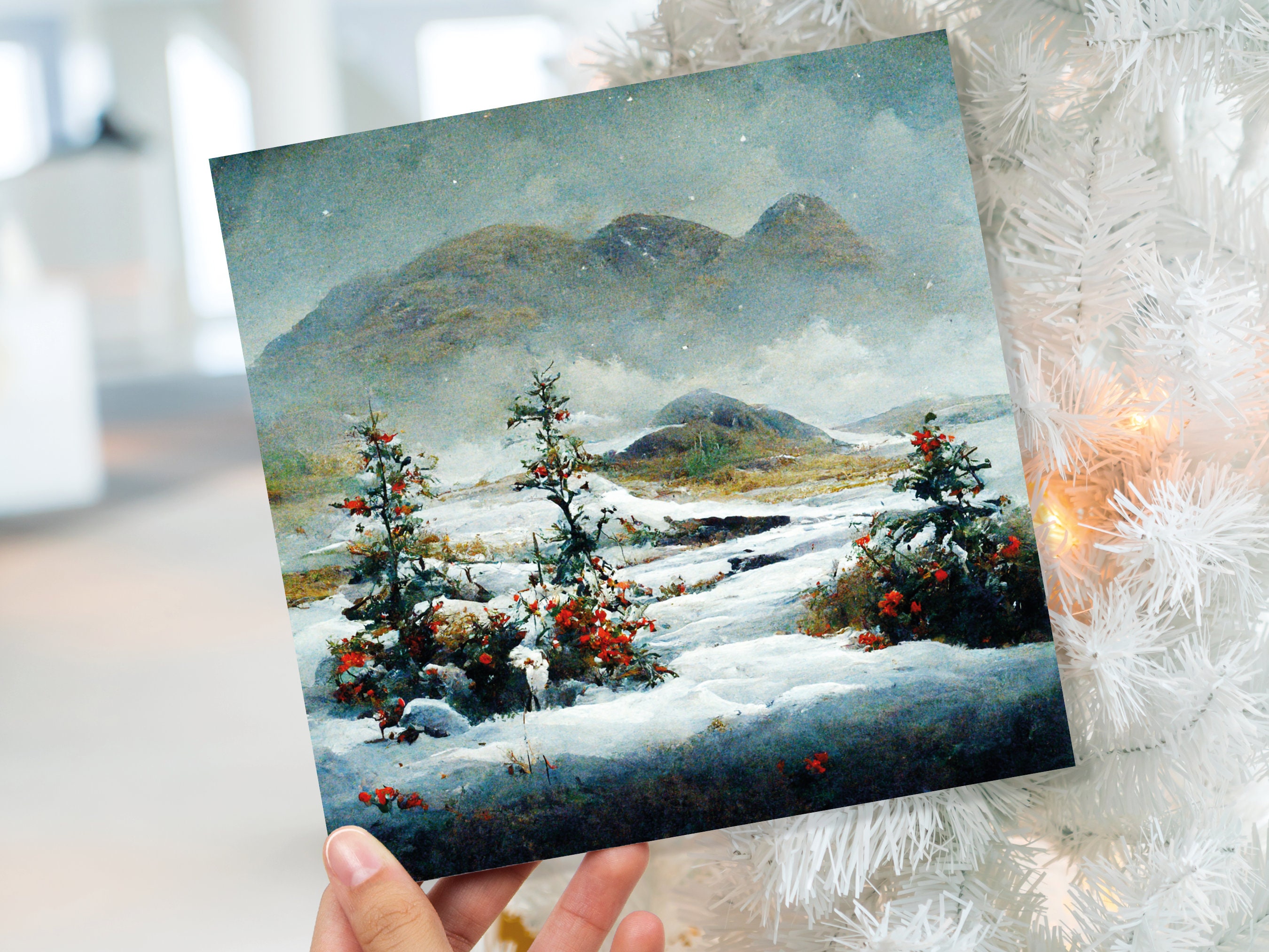 Traditional Snow Scene Card with Snowy Scottish Landscape Mountains Trees Painting Greetings Cards for Family Friends Xmas 2024 Thank You - View 8