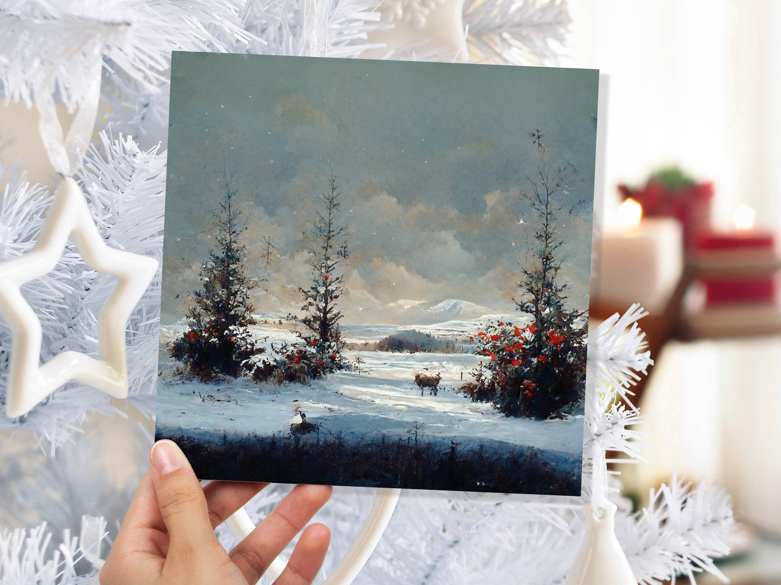 Winter Fir Trees Scene Greetings Card Snowy Landscape Mountains Scottish Highlands Snow Painting Cards for Family Friends Xmas 23 Thank You - View 4