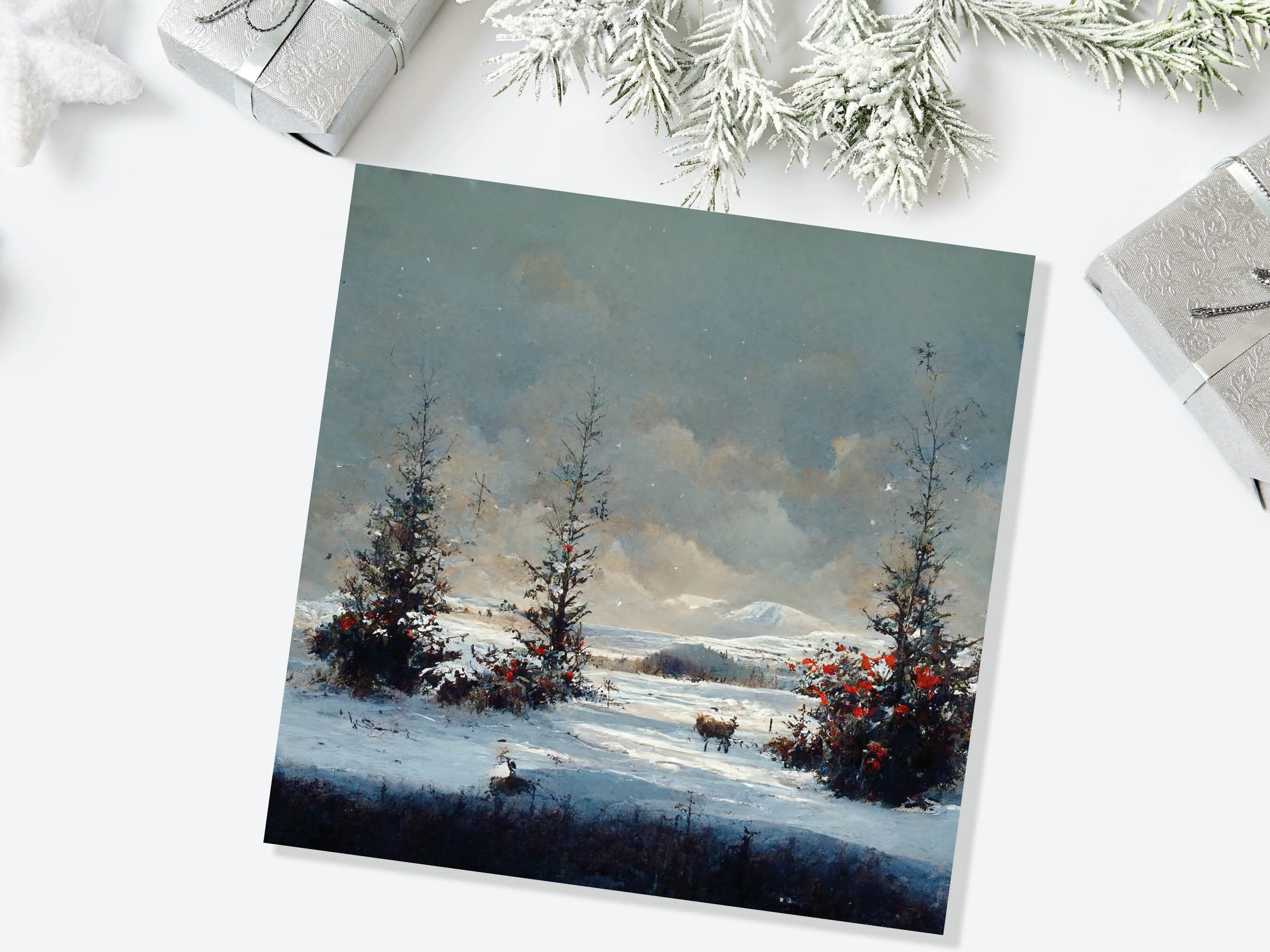 Winter Fir Trees Scene Greetings Card Snowy Landscape Mountains Scottish Highlands Snow Painting Cards for Family Friends Xmas 23 Thank You - View 5