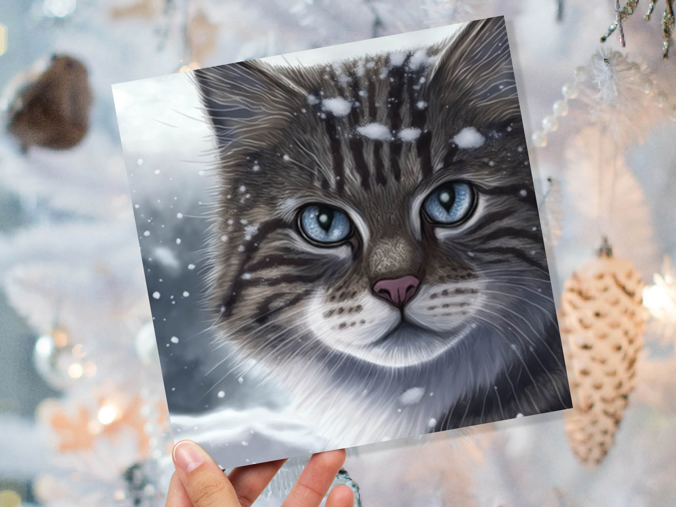 Beautiful Cat Christmas Card Grey Tabby Blue Eyes Watching Snow falling Tranquil Winter Scene Greetings Cards For Family Friends Xmas 2024 - View 9