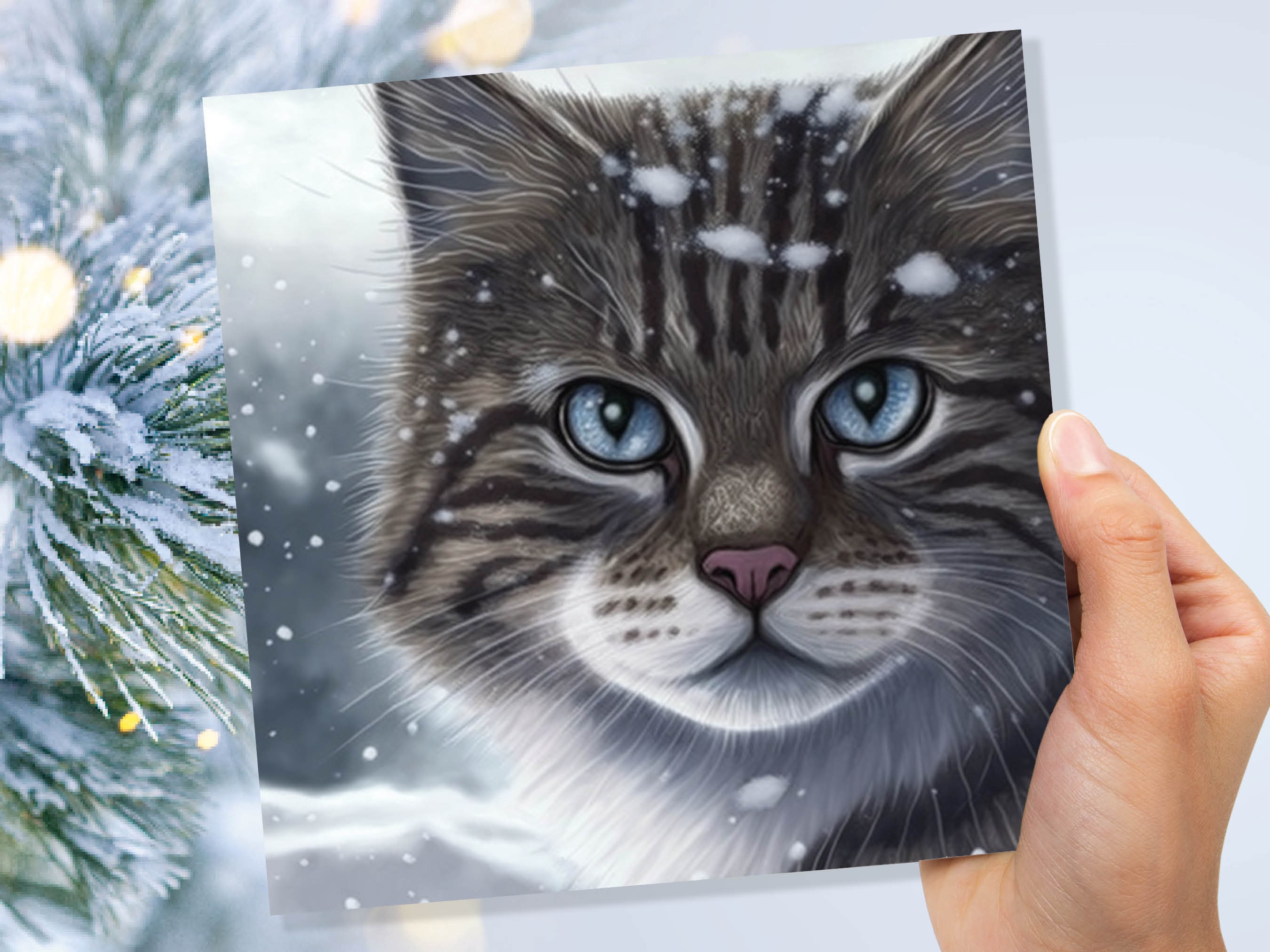 Beautiful Cat Christmas Card Grey Tabby Blue Eyes Watching Snow falling Tranquil Winter Scene Greetings Cards For Family Friends Xmas 2024 - View 7