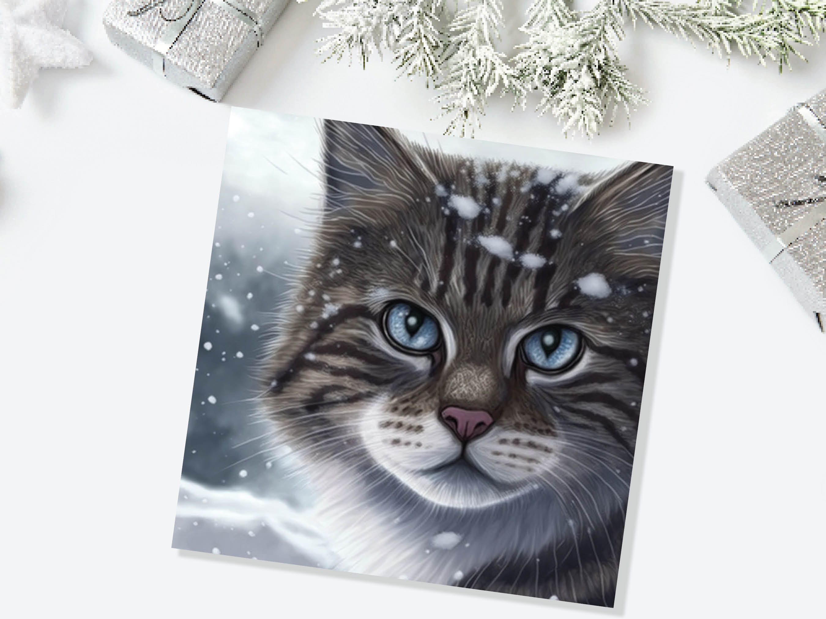 Beautiful Cat Christmas Card Grey Tabby Blue Eyes Watching Snow falling Tranquil Winter Scene Greetings Cards For Family Friends Xmas 2024 - View 4