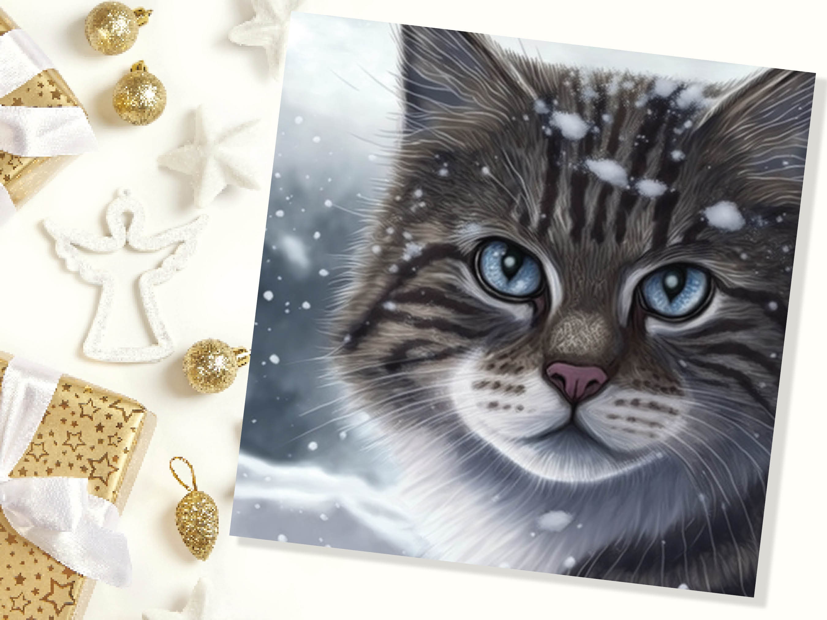 Beautiful Cat Christmas Card Grey Tabby Blue Eyes Watching Snow falling Tranquil Winter Scene Greetings Cards For Family Friends Xmas 2024 - View 5