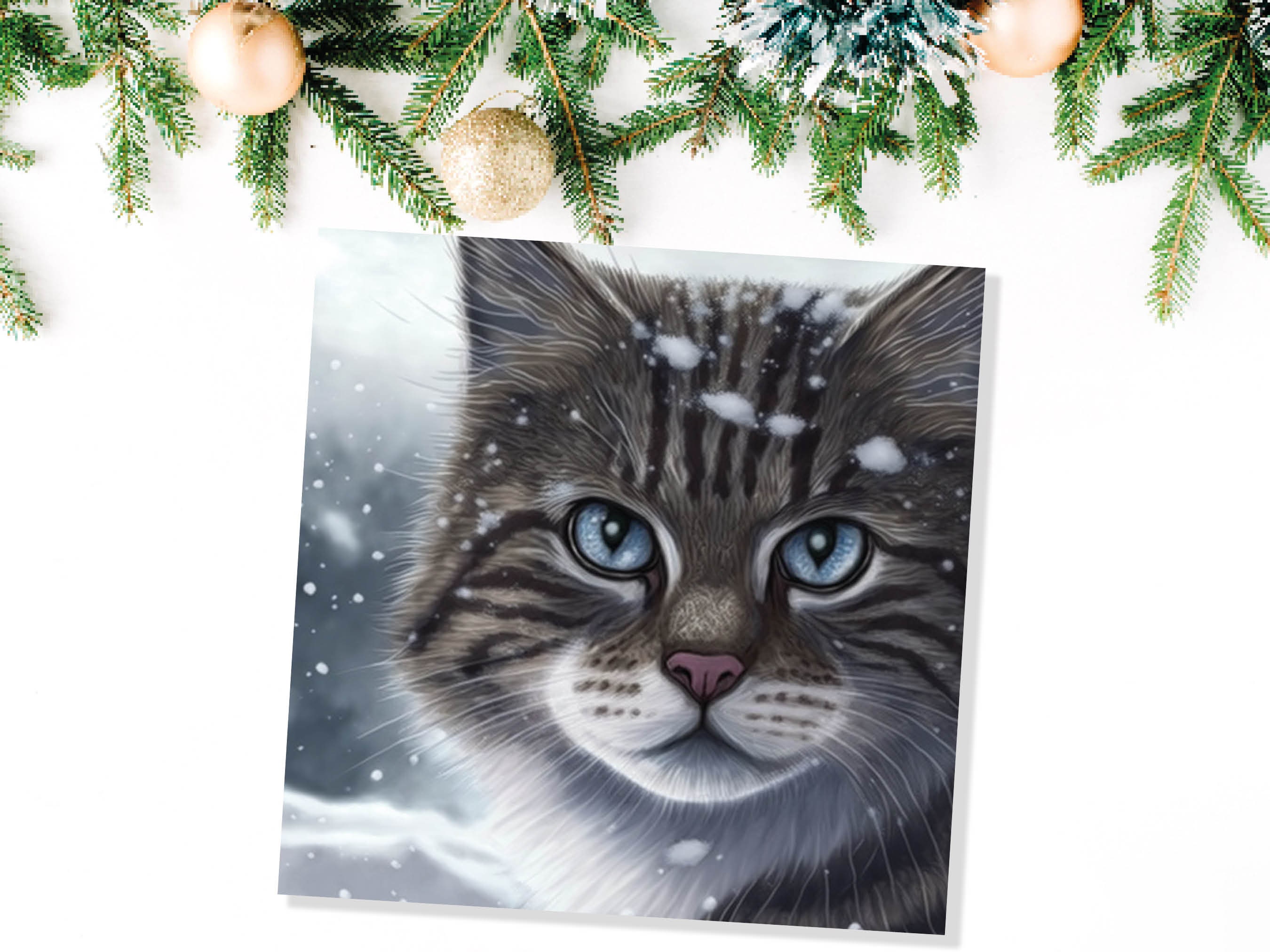 Beautiful Cat Christmas Card Grey Tabby Blue Eyes Watching Snow falling Tranquil Winter Scene Greetings Cards For Family Friends Xmas 2024 - View 8