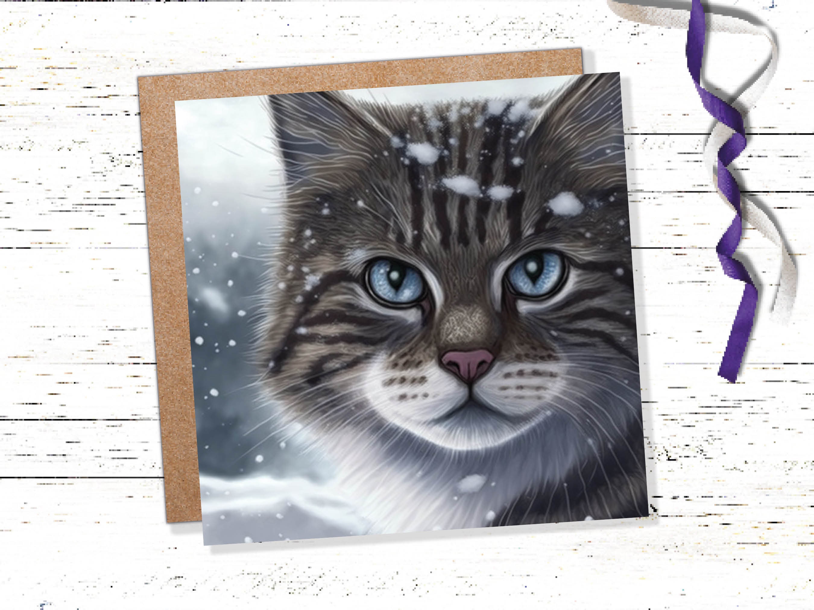 Beautiful Cat Christmas Card Grey Tabby Blue Eyes Watching Snow falling Tranquil Winter Scene Greetings Cards For Family Friends Xmas 2024 - View 2