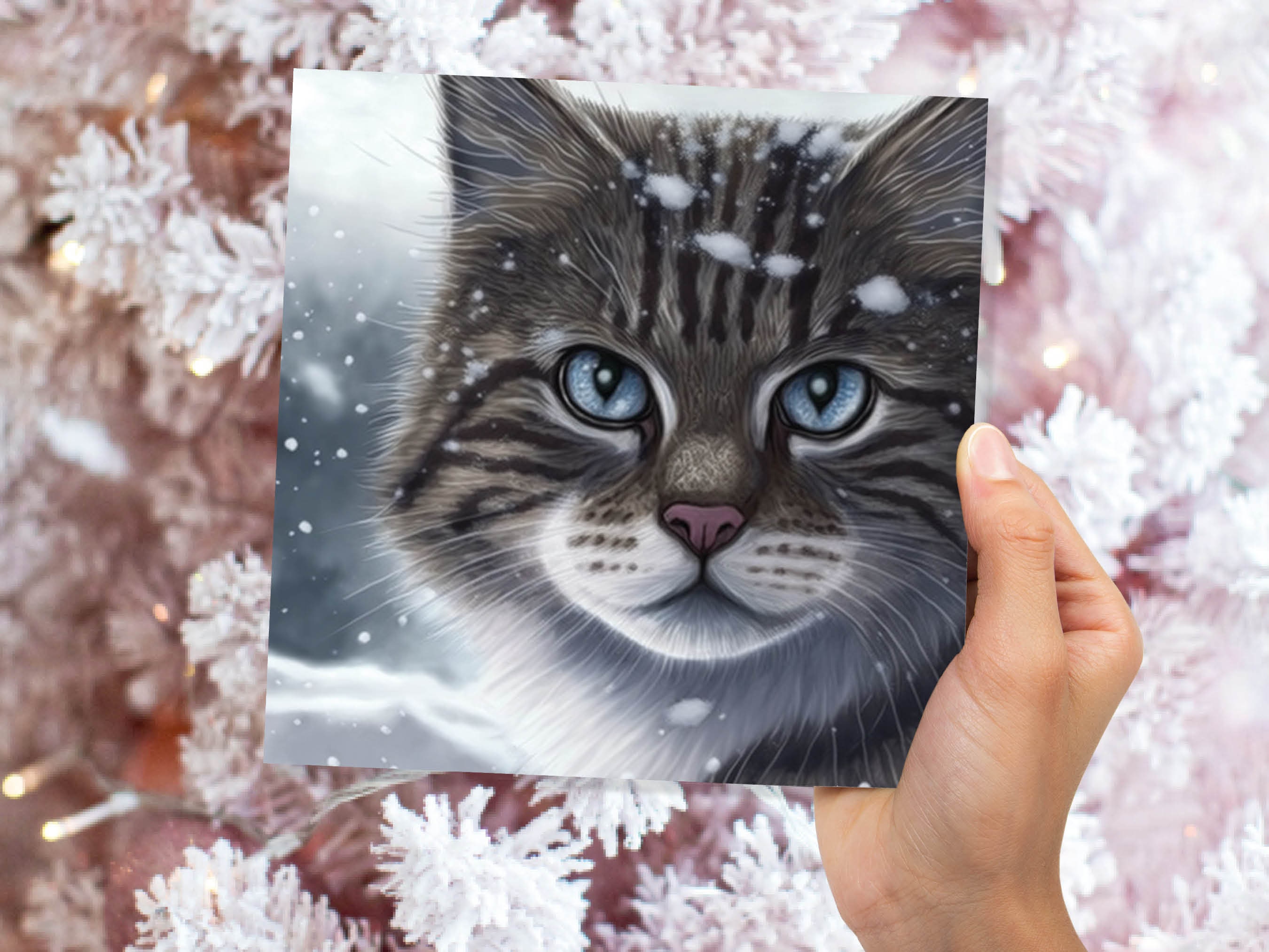 Beautiful Cat Christmas Card Grey Tabby Blue Eyes Watching Snow falling Tranquil Winter Scene Greetings Cards For Family Friends Xmas 2024 - View 3