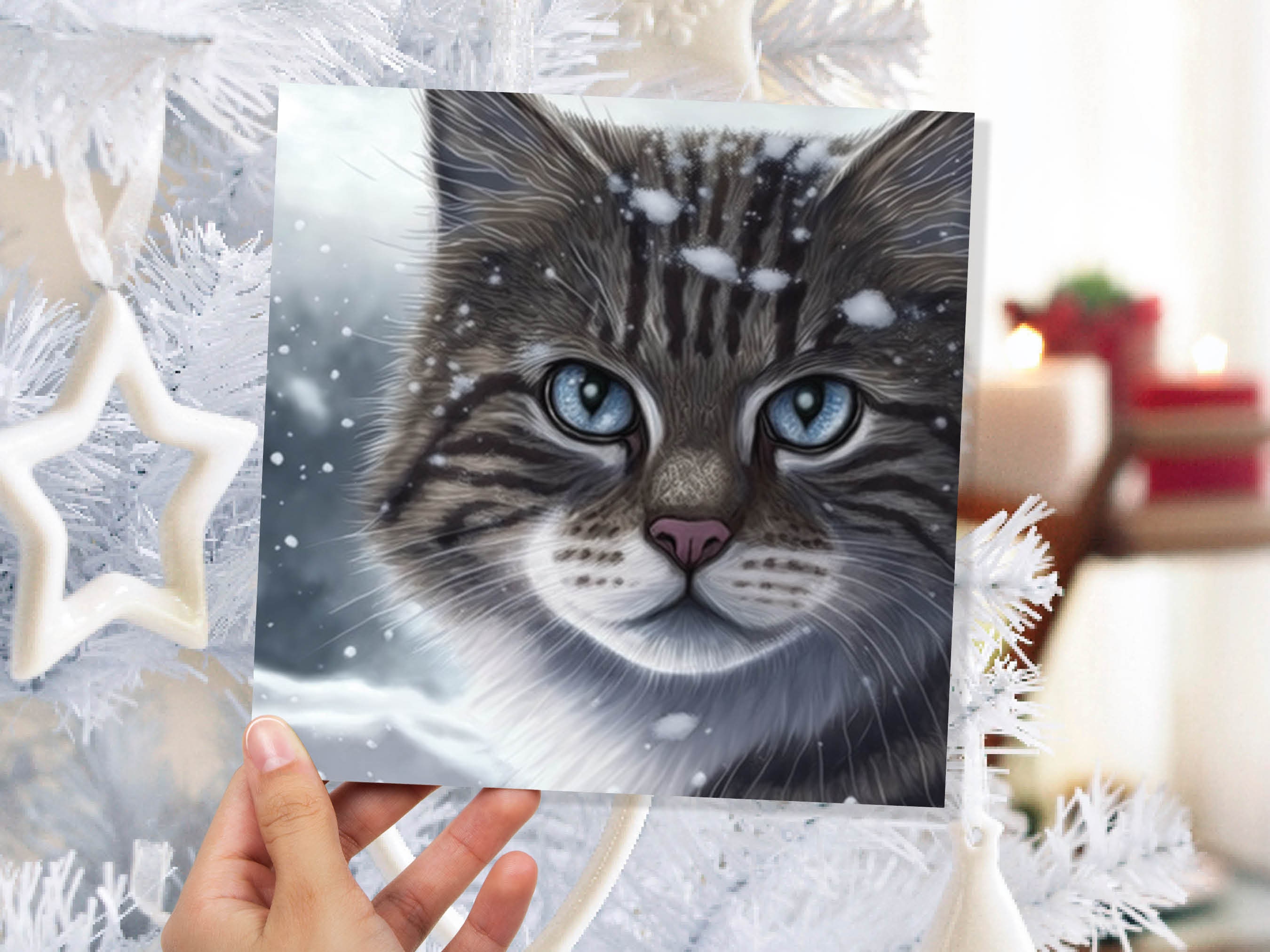 Beautiful Cat Christmas Card Grey Tabby Blue Eyes Watching Snow falling Tranquil Winter Scene Greetings Cards For Family Friends Xmas 2024