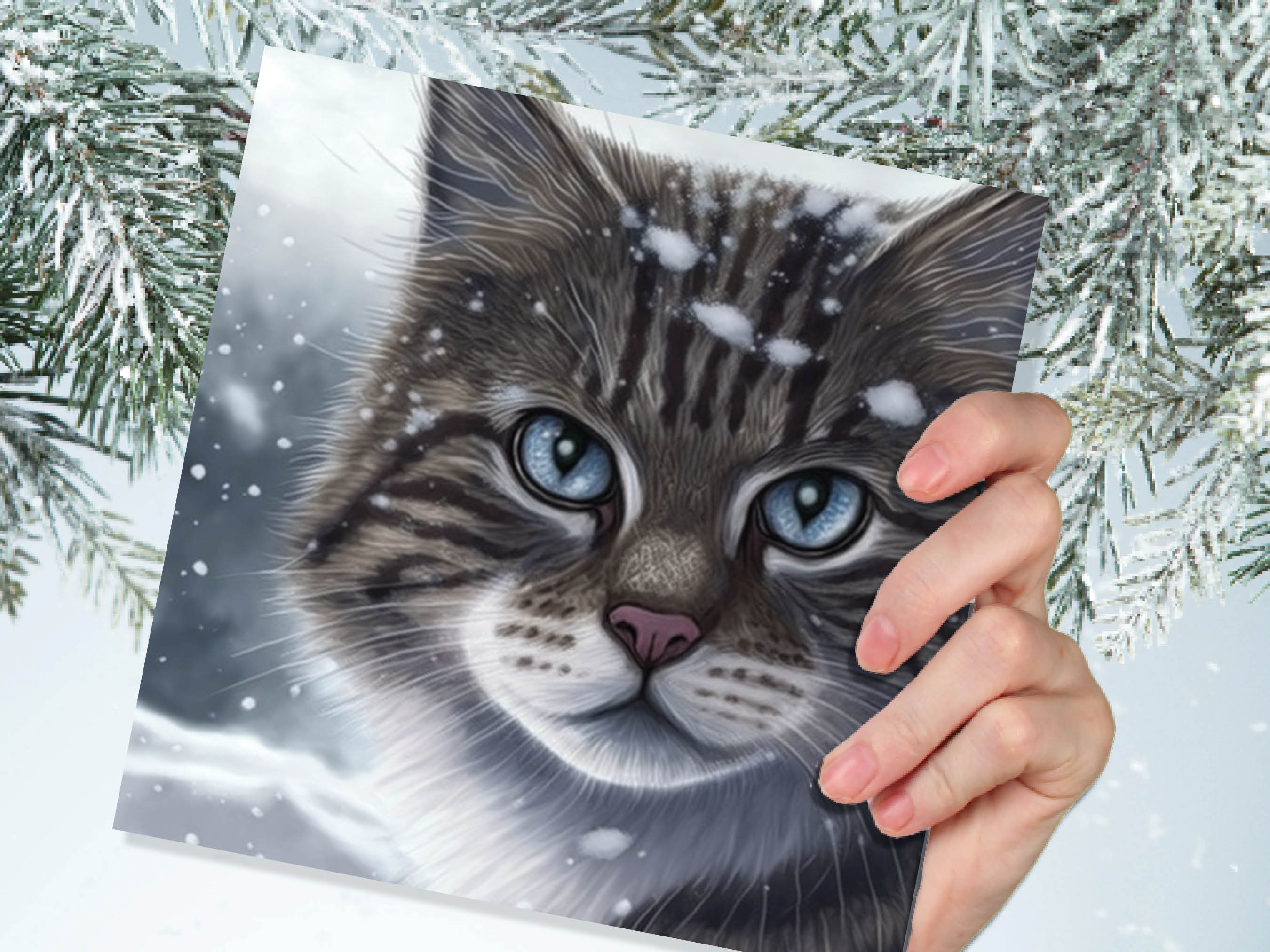 Beautiful Cat Christmas Card Grey Tabby Blue Eyes Watching Snow falling Tranquil Winter Scene Greetings Cards For Family Friends Xmas 2024 - View 6