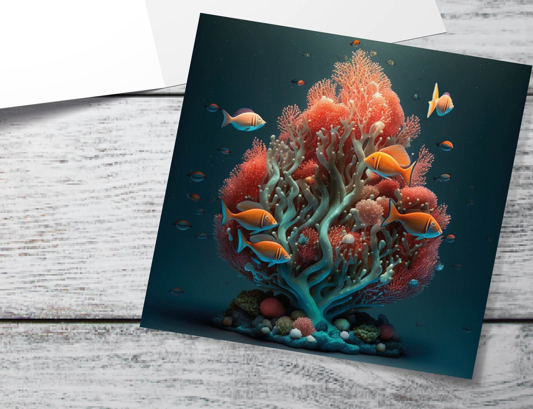 Ocean Christmas Tree Card Underwater Coral Scene Aqua Blue and Orange Sea Life Swim Fish Unique Greetings Cards For Family Friends Xmas 2024 - View 10