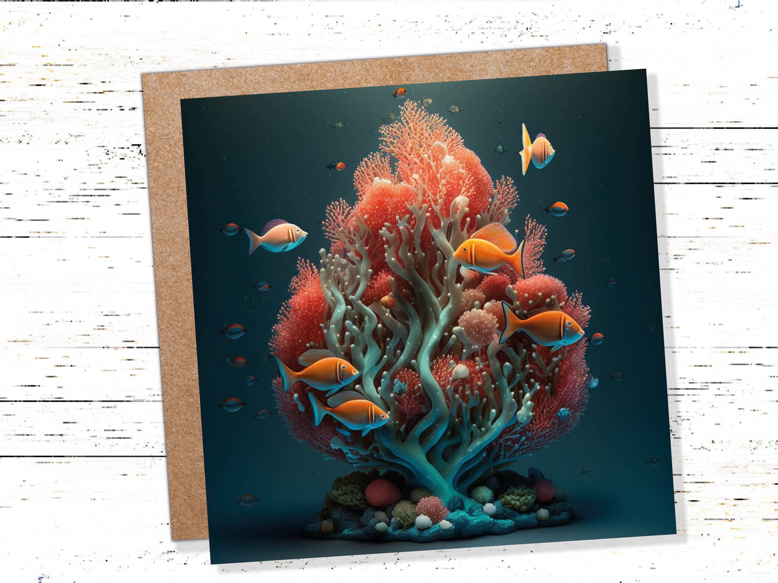 Ocean Christmas Tree Card Underwater Coral Scene Aqua Blue and Orange Sea Life Swim Fish Unique Greetings Cards For Family Friends Xmas 2024