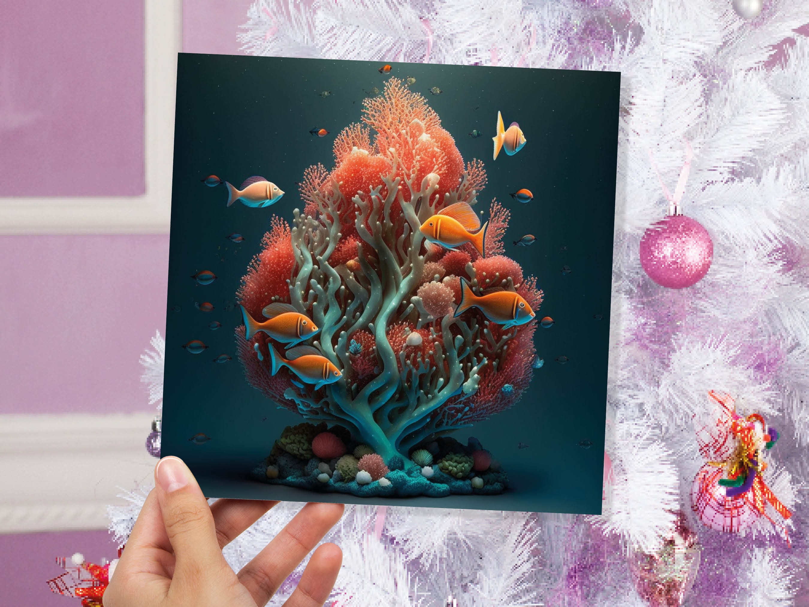 Ocean Christmas Tree Card Underwater Coral Scene Aqua Blue and Orange Sea Life Swim Fish Unique Greetings Cards For Family Friends Xmas 2024 - View 2