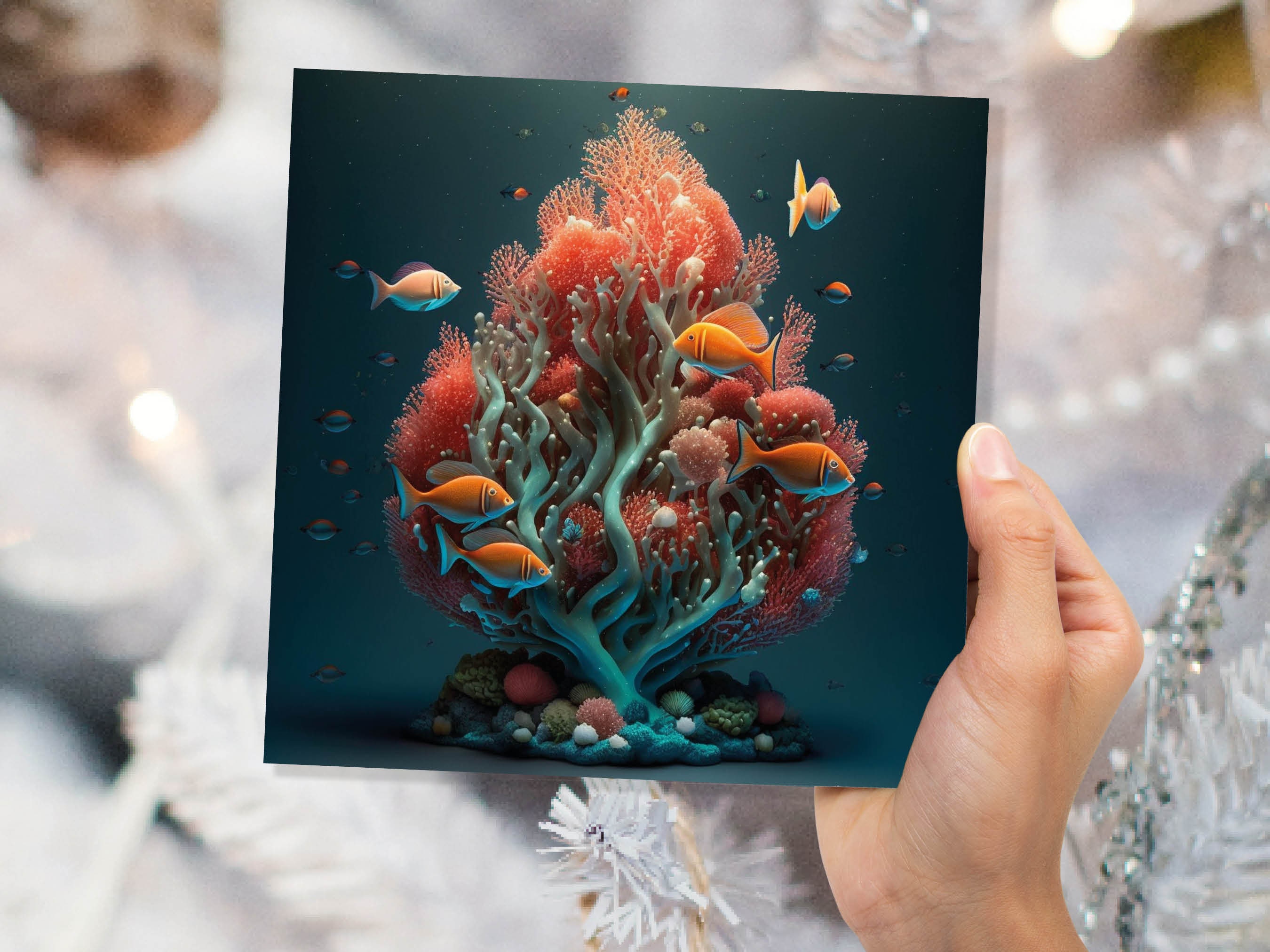 Ocean Christmas Tree Card Underwater Coral Scene Aqua Blue and Orange Sea Life Swim Fish Unique Greetings Cards For Family Friends Xmas 2024 - View 3