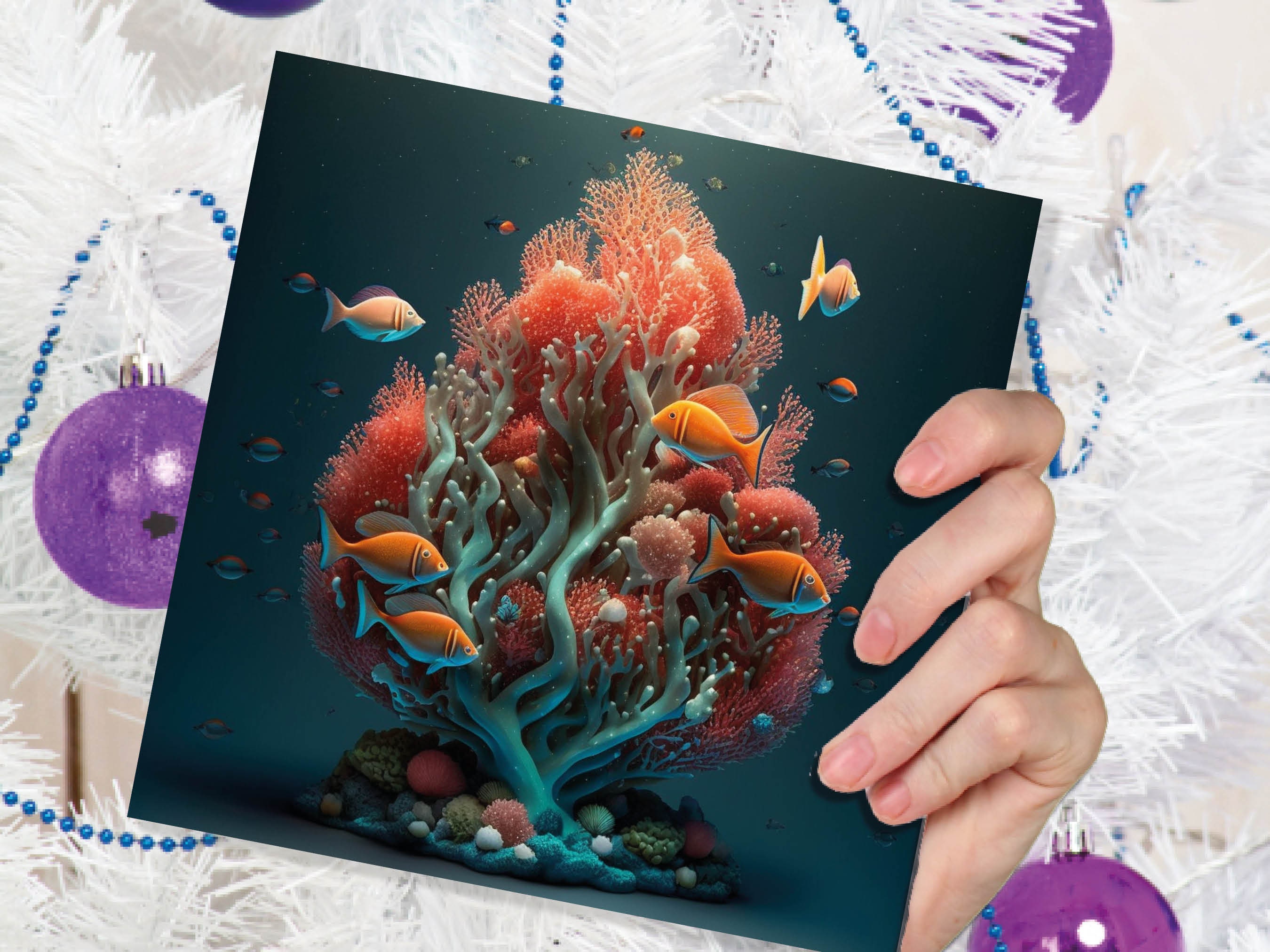 Ocean Christmas Tree Card Underwater Coral Scene Aqua Blue and Orange Sea Life Swim Fish Unique Greetings Cards For Family Friends Xmas 2024 - View 4