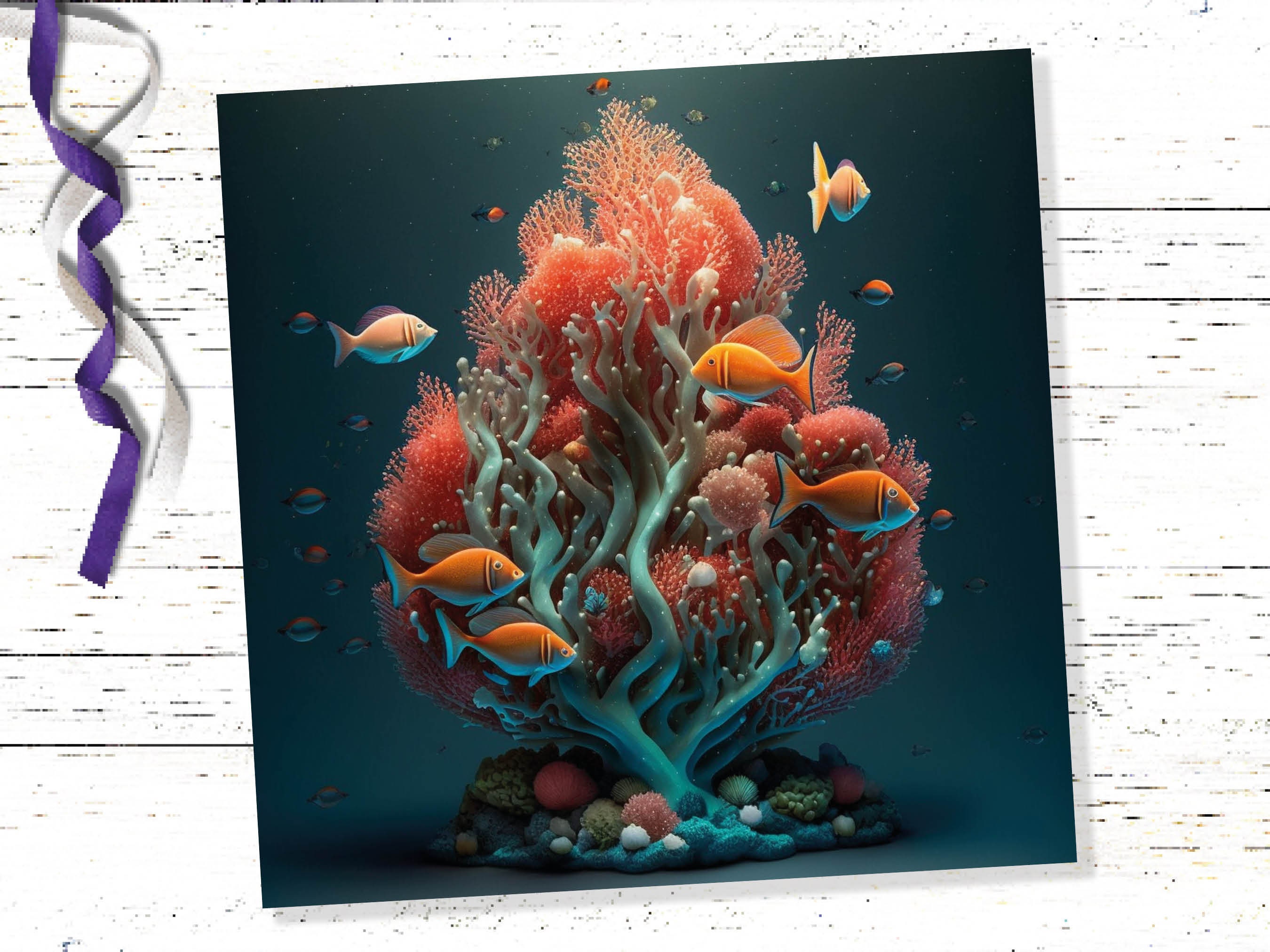 Ocean Christmas Tree Card Underwater Coral Scene Aqua Blue and Orange Sea Life Swim Fish Unique Greetings Cards For Family Friends Xmas 2024 - View 5