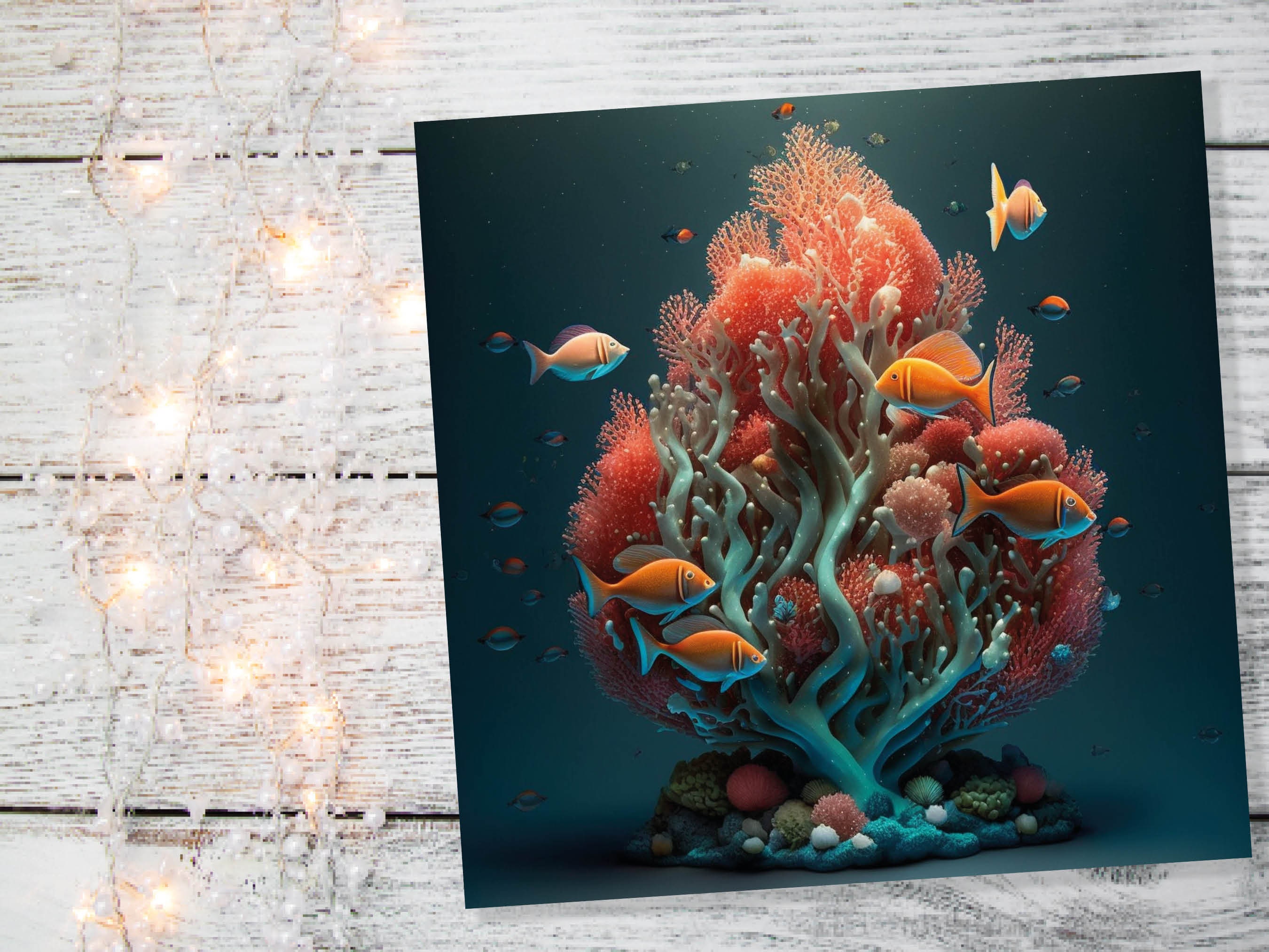 Ocean Christmas Tree Card Underwater Coral Scene Aqua Blue and Orange Sea Life Swim Fish Unique Greetings Cards For Family Friends Xmas 2024 - View 6