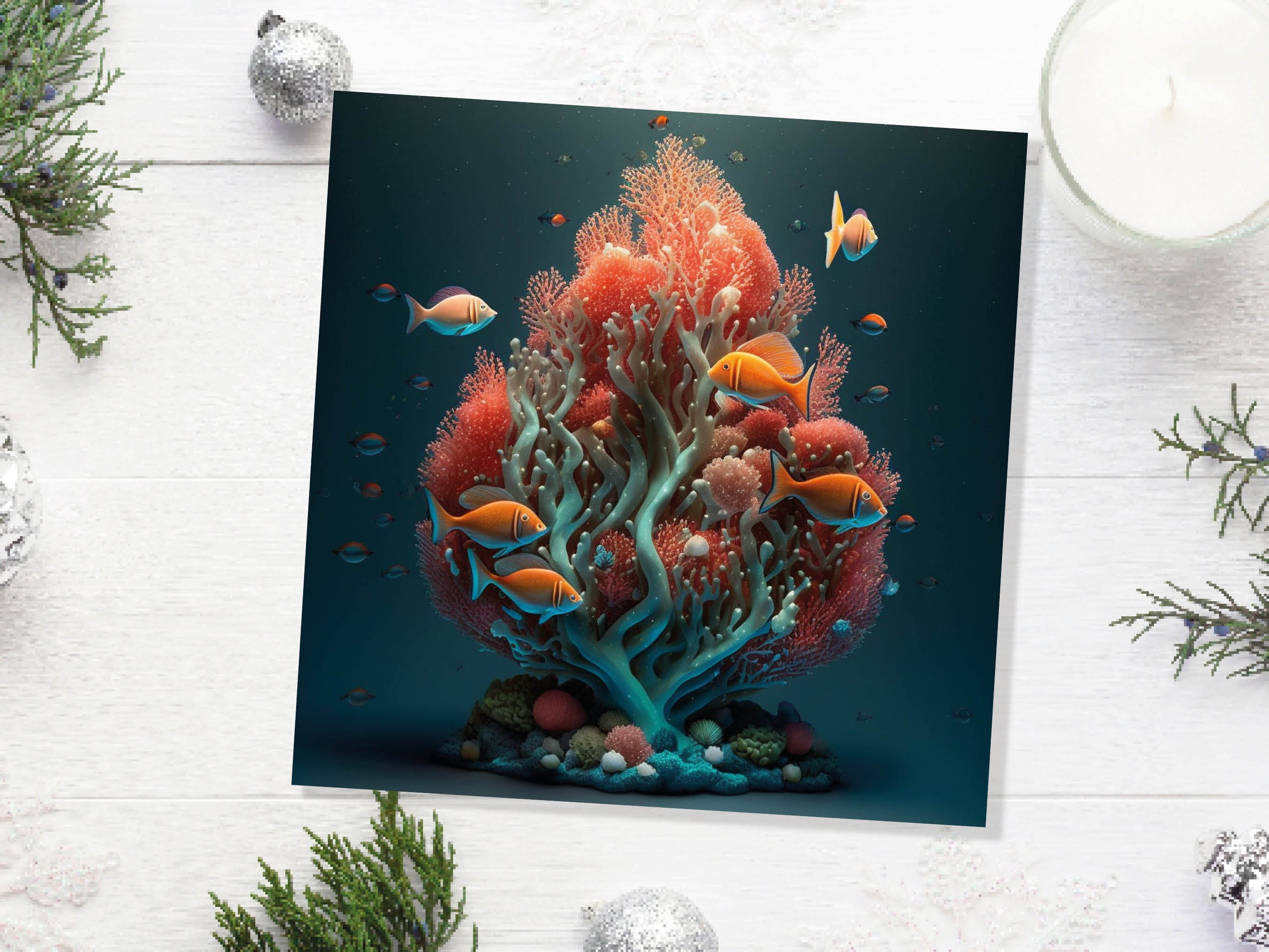 Ocean Christmas Tree Card Underwater Coral Scene Aqua Blue and Orange Sea Life Swim Fish Unique Greetings Cards For Family Friends Xmas 2024 - View 7