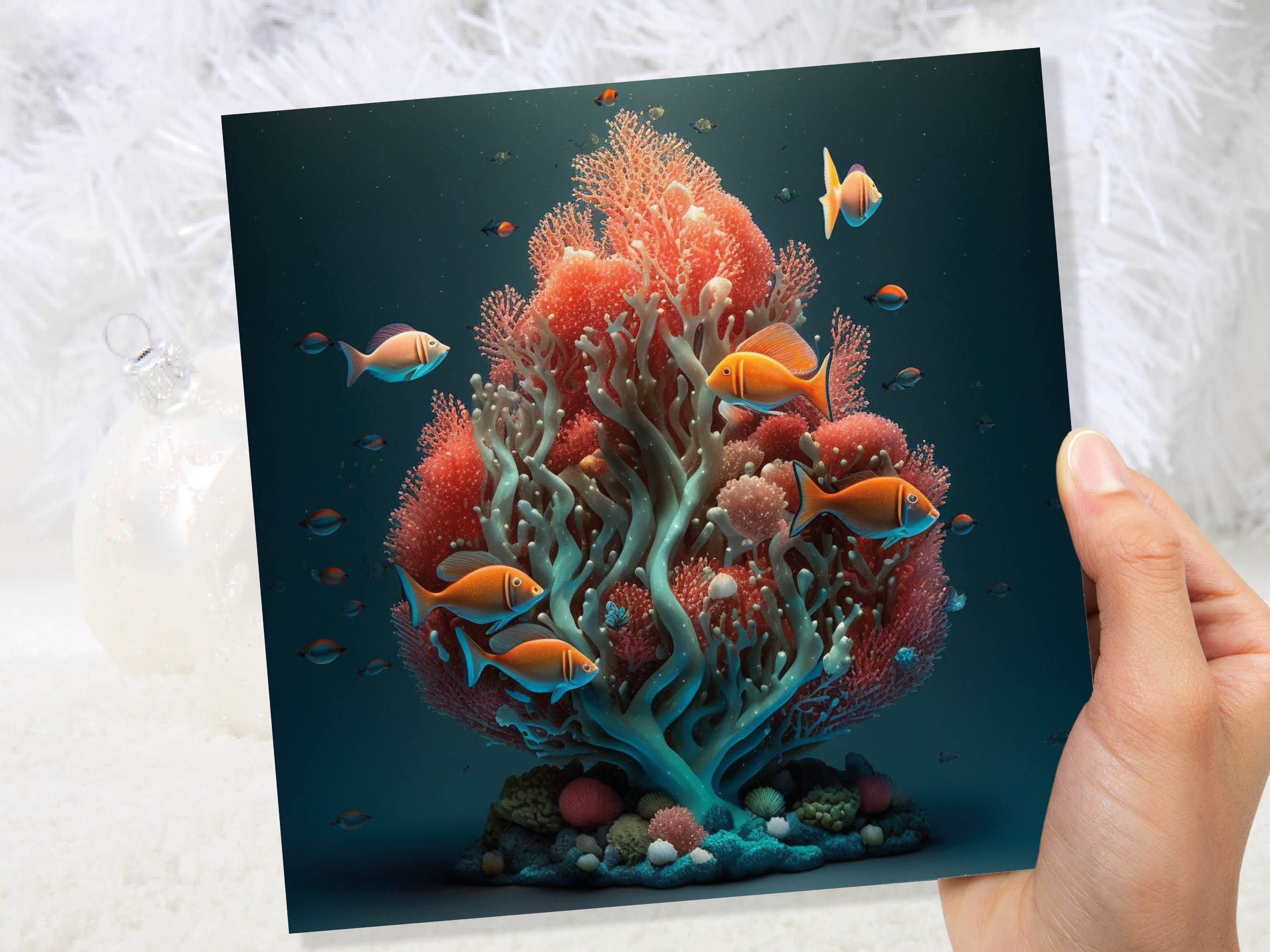 Ocean Christmas Tree Card Underwater Coral Scene Aqua Blue and Orange Sea Life Swim Fish Unique Greetings Cards For Family Friends Xmas 2024 - View 8