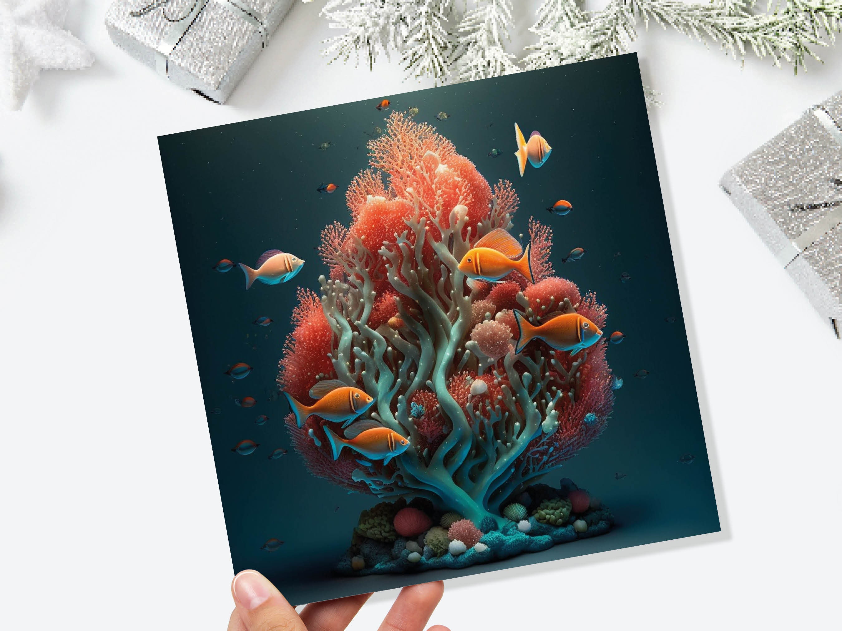 Ocean Christmas Tree Card Underwater Coral Scene Aqua Blue and Orange Sea Life Swim Fish Unique Greetings Cards For Family Friends Xmas 2024 - View 9