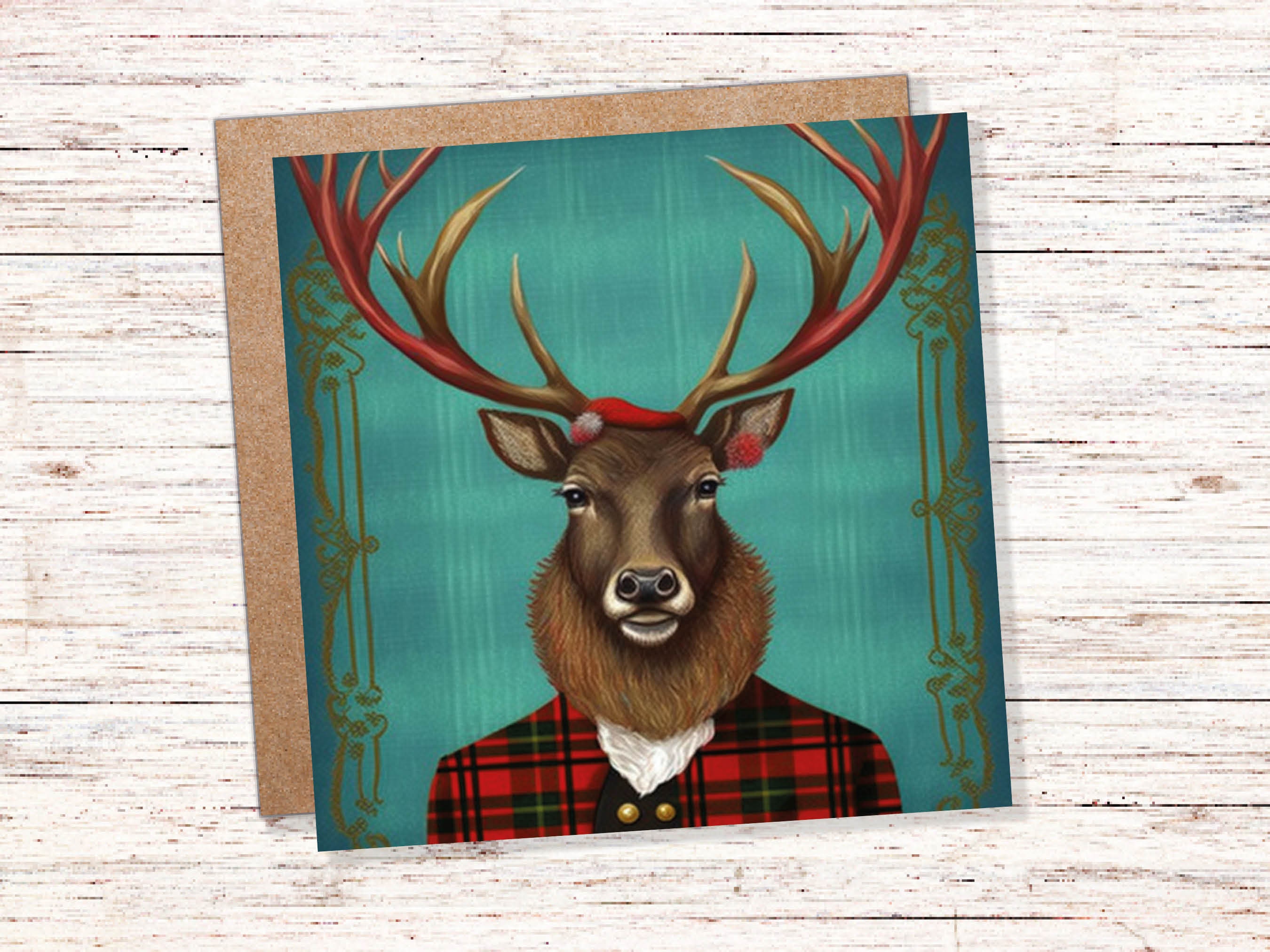 Teal Dapper Deer Card Wearing Red Tartan Frock Coat Festive Scottish Scotland Greetings Cards For Family Best Friends Xmas 2024 Thank You