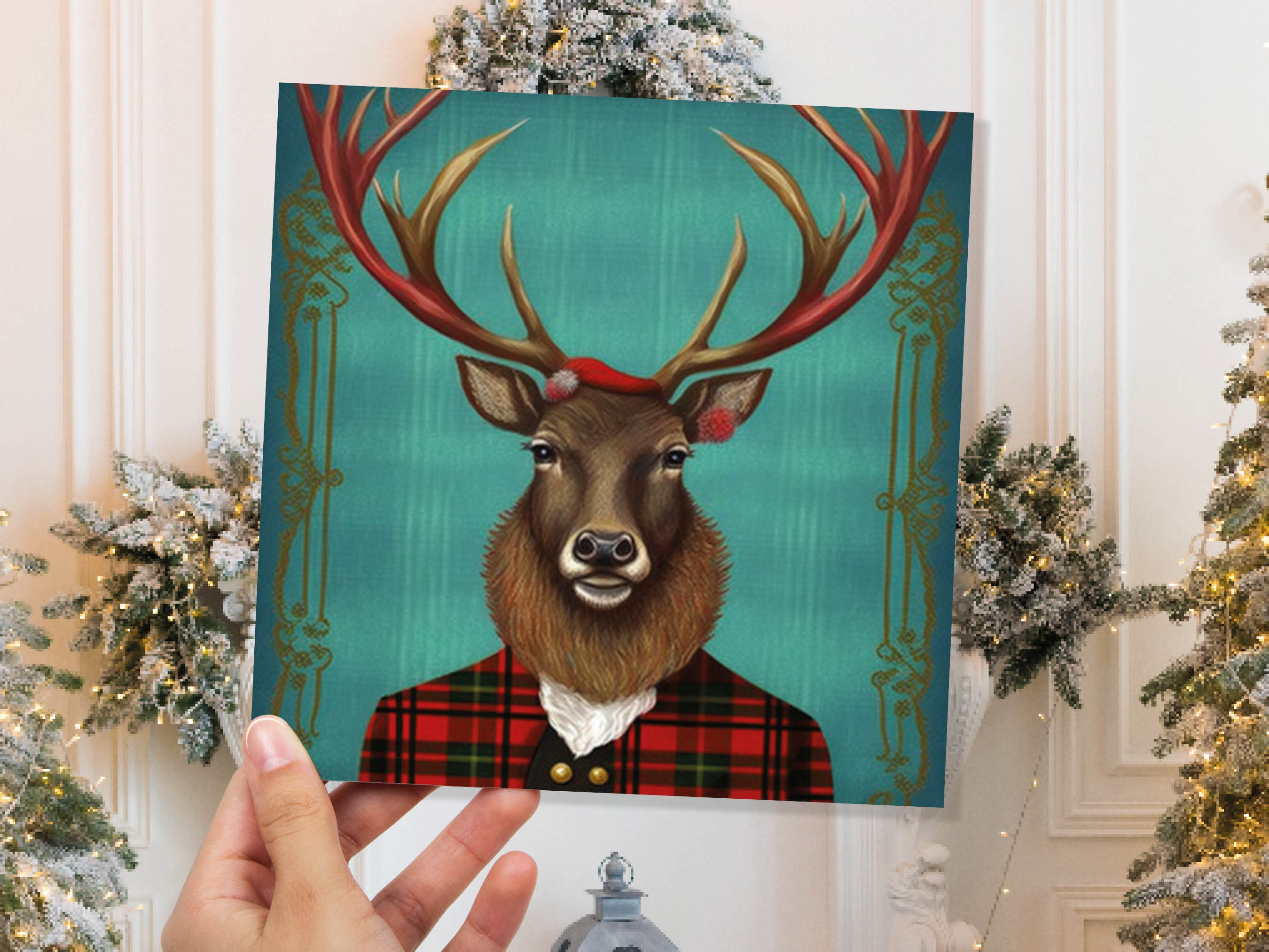 Teal Dapper Deer Card Wearing Red Tartan Frock Coat Festive Scottish Scotland Greetings Cards For Family Best Friends Xmas 2024 Thank You - View 2