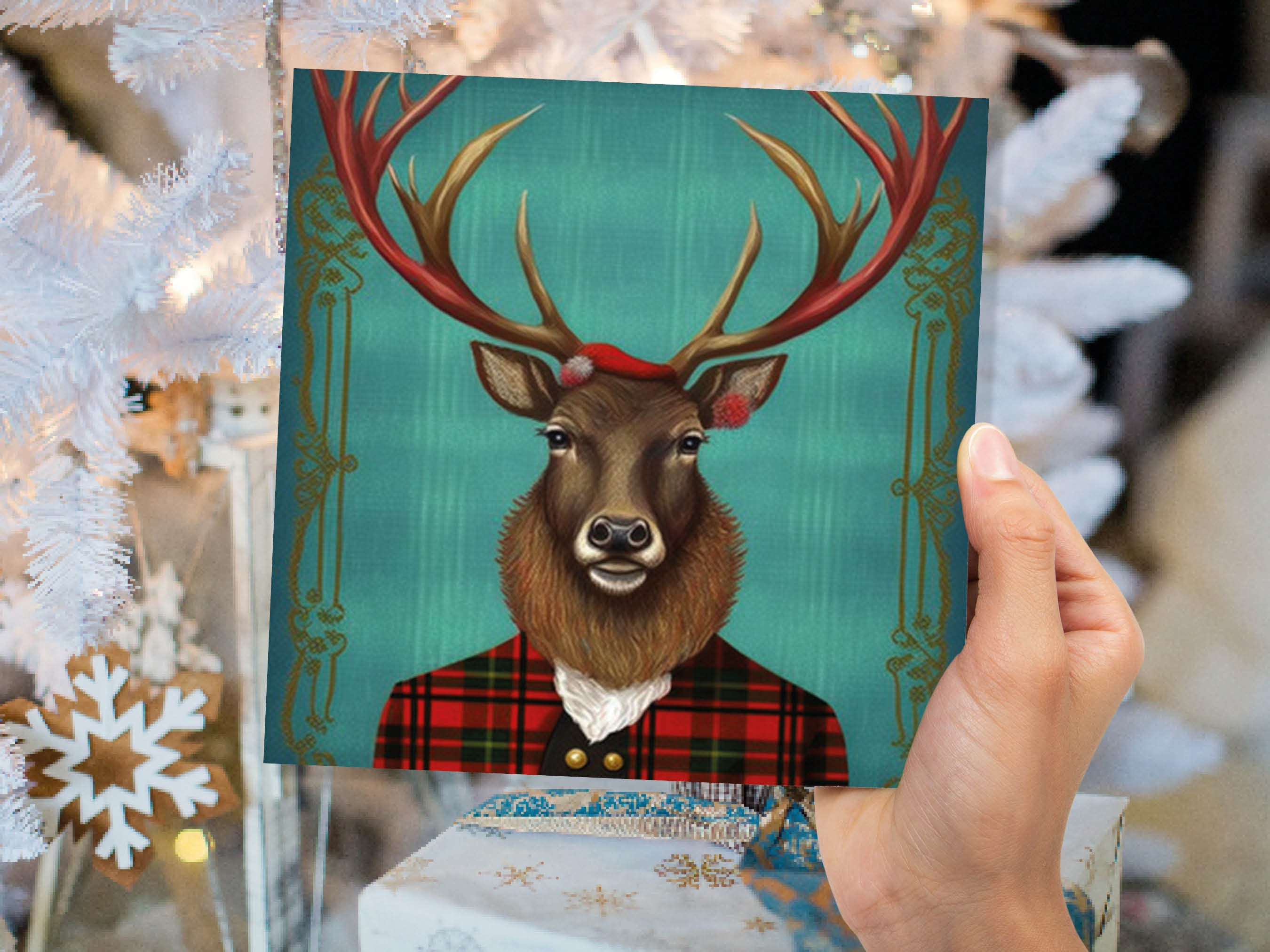 Teal Dapper Deer Card Wearing Red Tartan Frock Coat Festive Scottish Scotland Greetings Cards For Family Best Friends Xmas 2024 Thank You - View 3