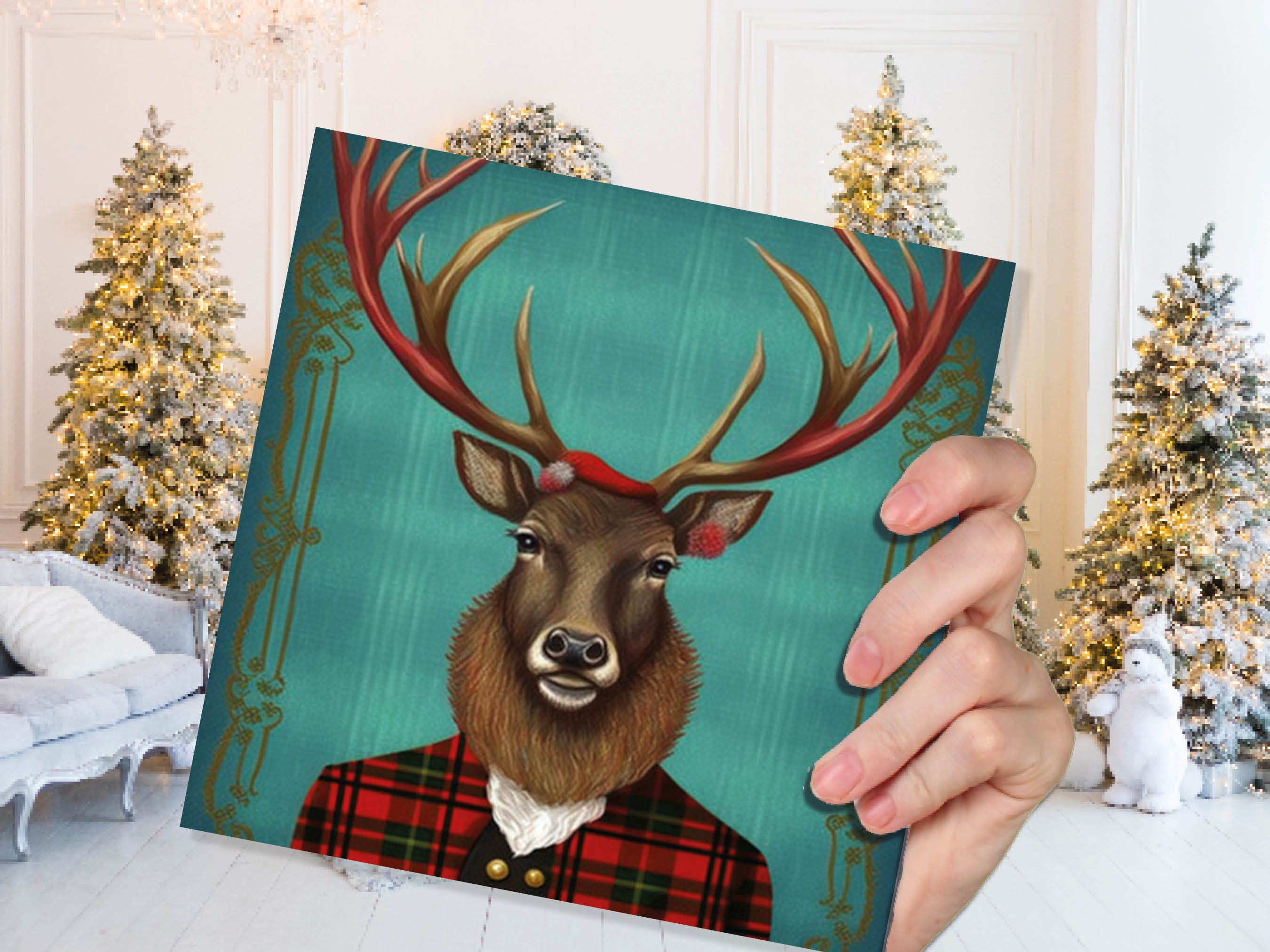 Teal Dapper Deer Card Wearing Red Tartan Frock Coat Festive Scottish Scotland Greetings Cards For Family Best Friends Xmas 2024 Thank You - View 4