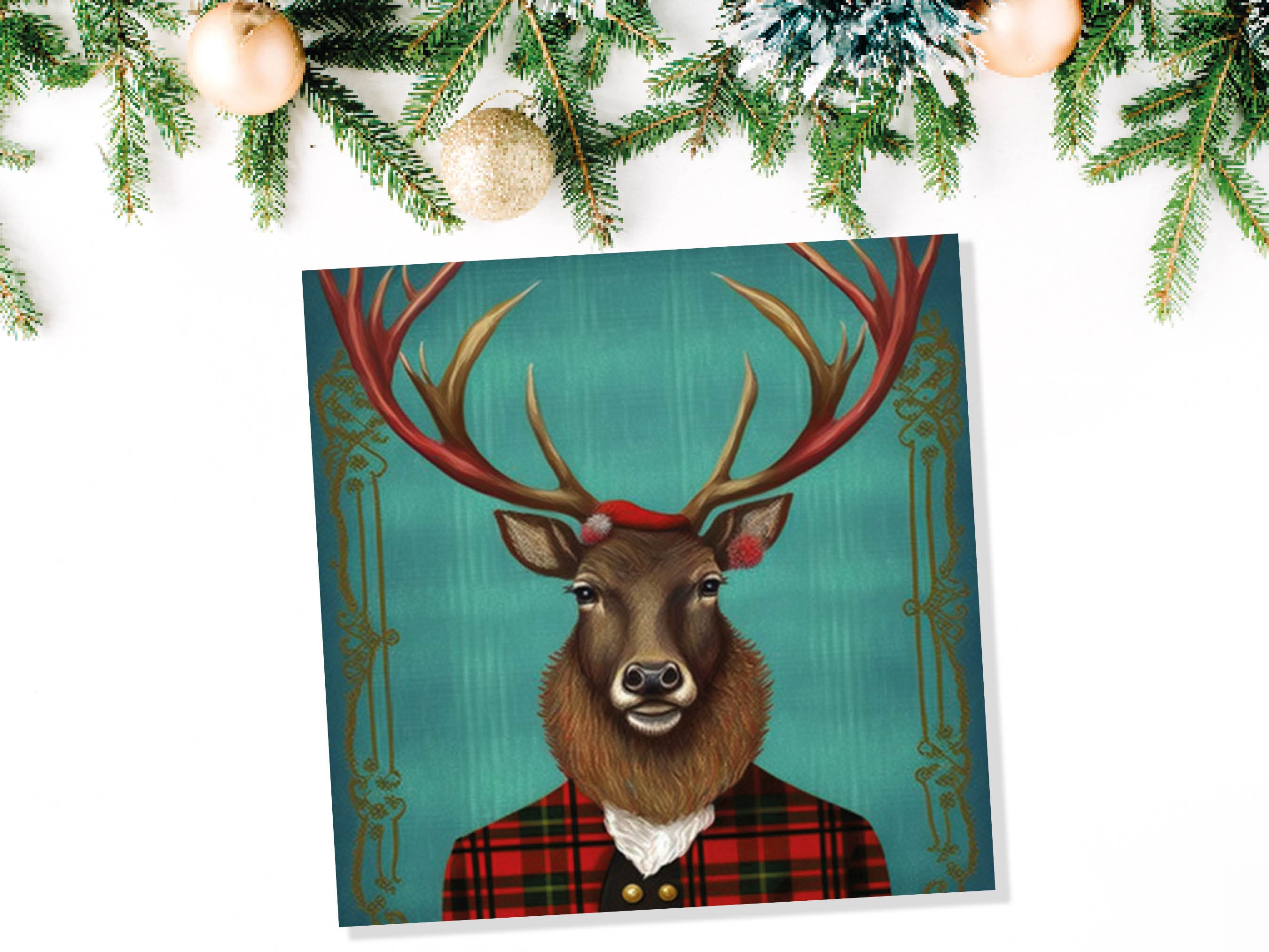 Teal Dapper Deer Card Wearing Red Tartan Frock Coat Festive Scottish Scotland Greetings Cards For Family Best Friends Xmas 2024 Thank You - View 5