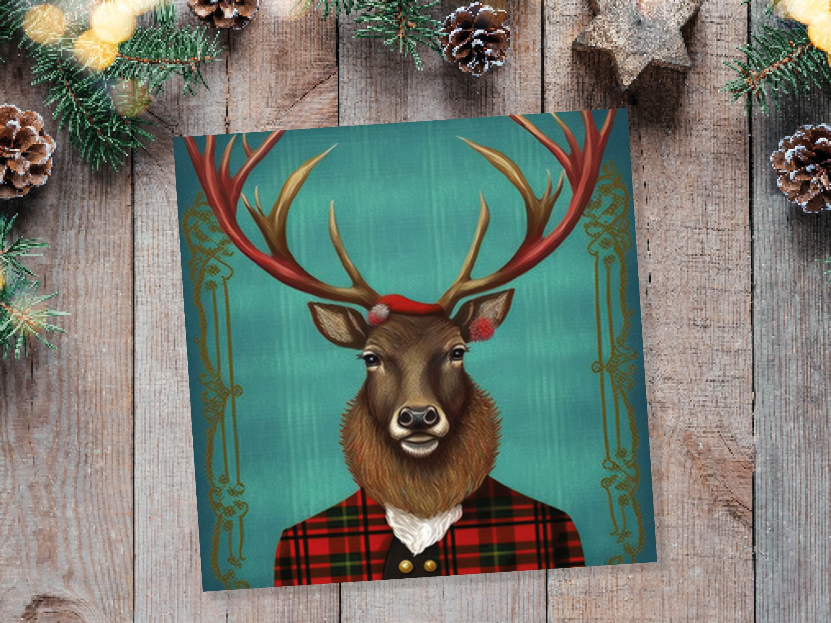 Teal Dapper Deer Card Wearing Red Tartan Frock Coat Festive Scottish Scotland Greetings Cards For Family Best Friends Xmas 2024 Thank You - View 6