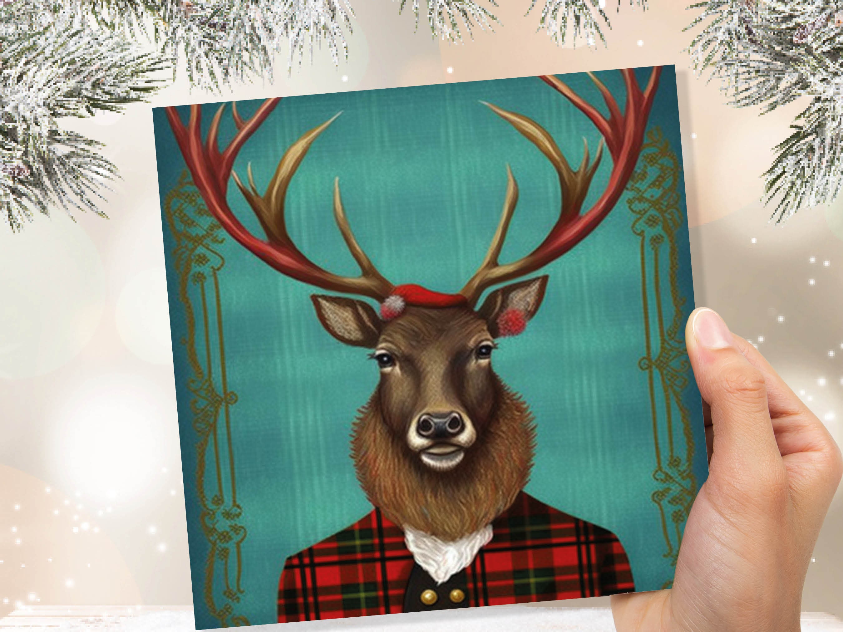 Teal Dapper Deer Card Wearing Red Tartan Frock Coat Festive Scottish Scotland Greetings Cards For Family Best Friends Xmas 2024 Thank You - View 7