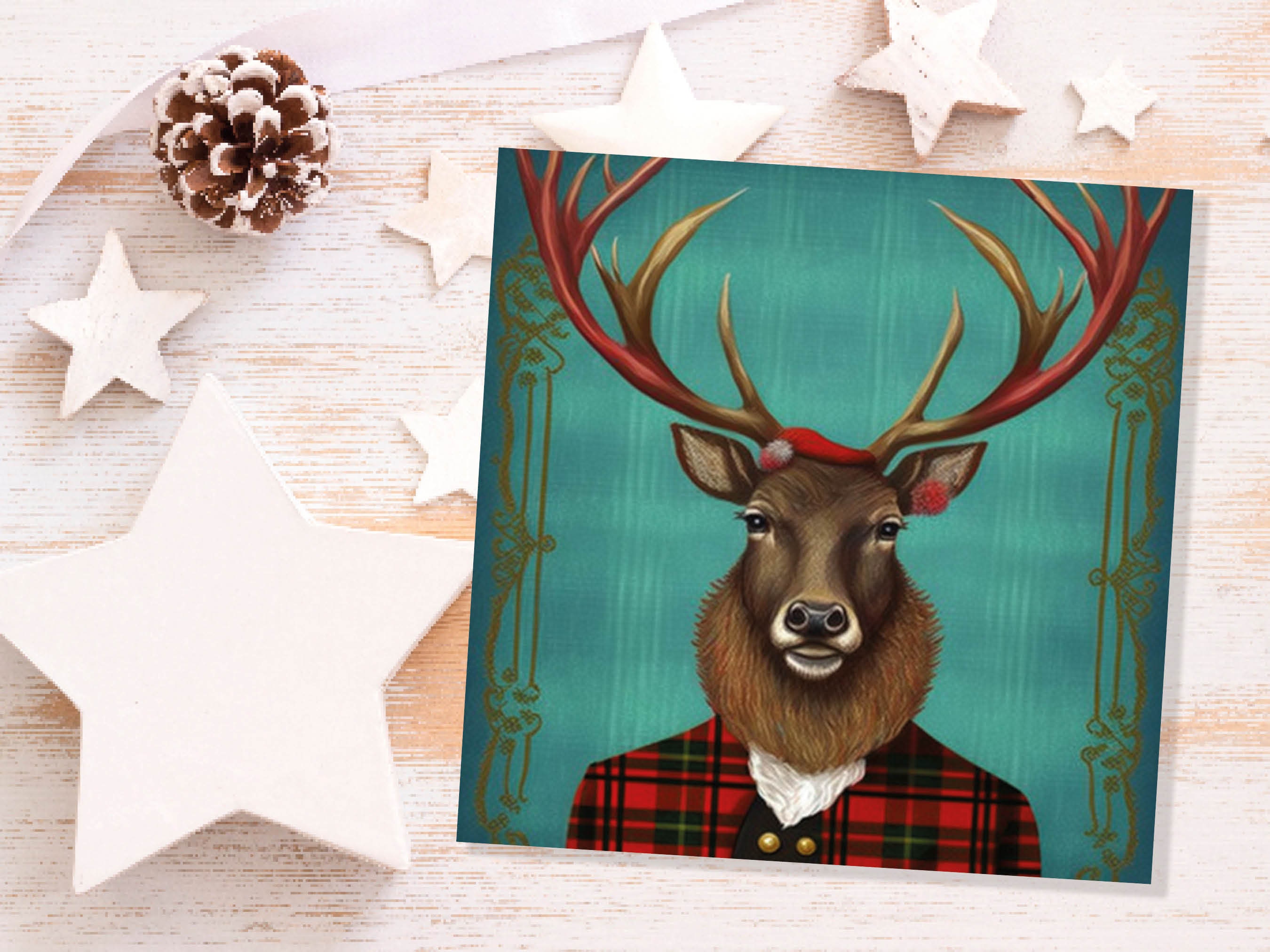 Teal Dapper Deer Card Wearing Red Tartan Frock Coat Festive Scottish Scotland Greetings Cards For Family Best Friends Xmas 2024 Thank You - View 8