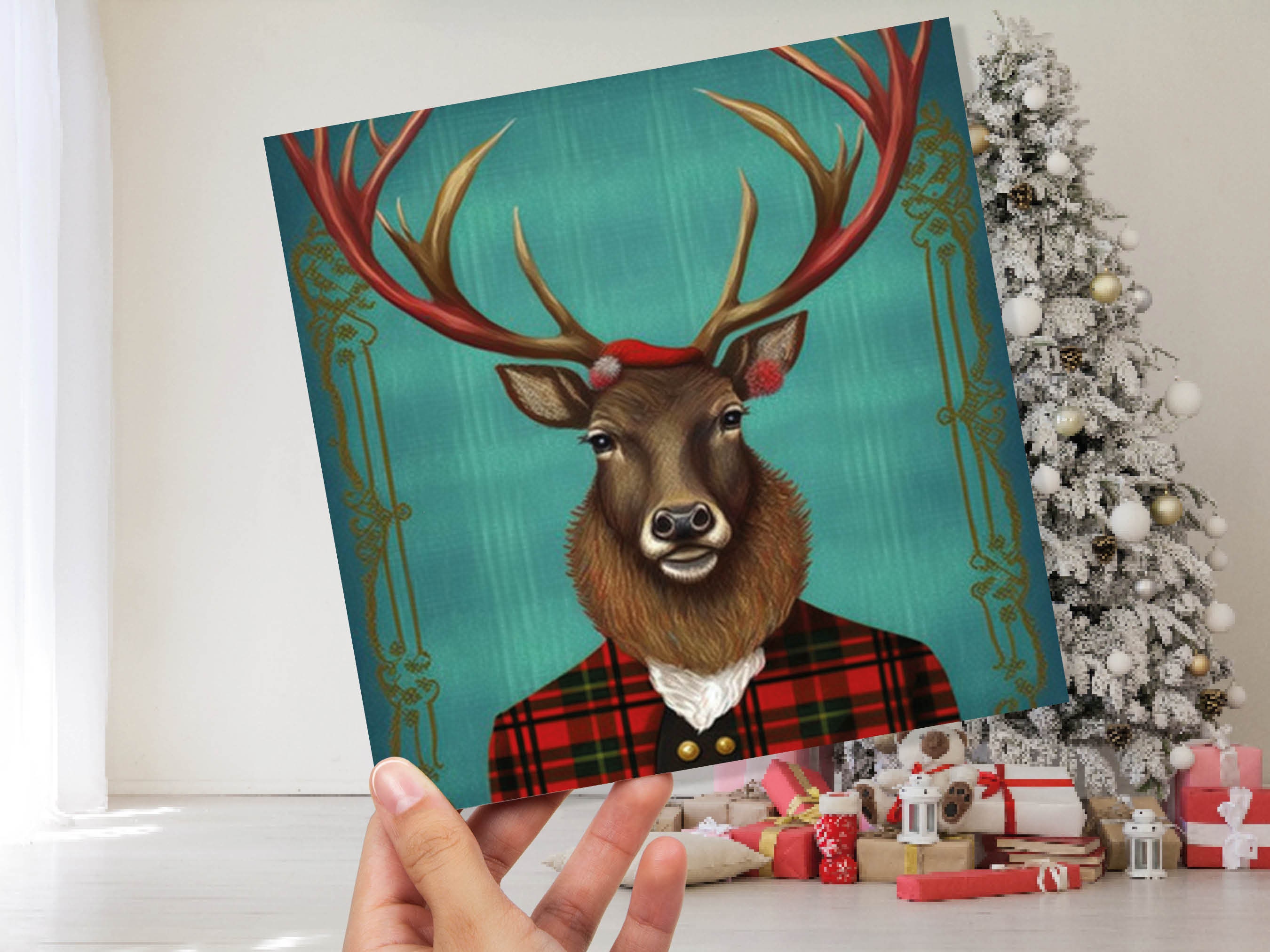 Teal Dapper Deer Card Wearing Red Tartan Frock Coat Festive Scottish Scotland Greetings Cards For Family Best Friends Xmas 2024 Thank You - View 9