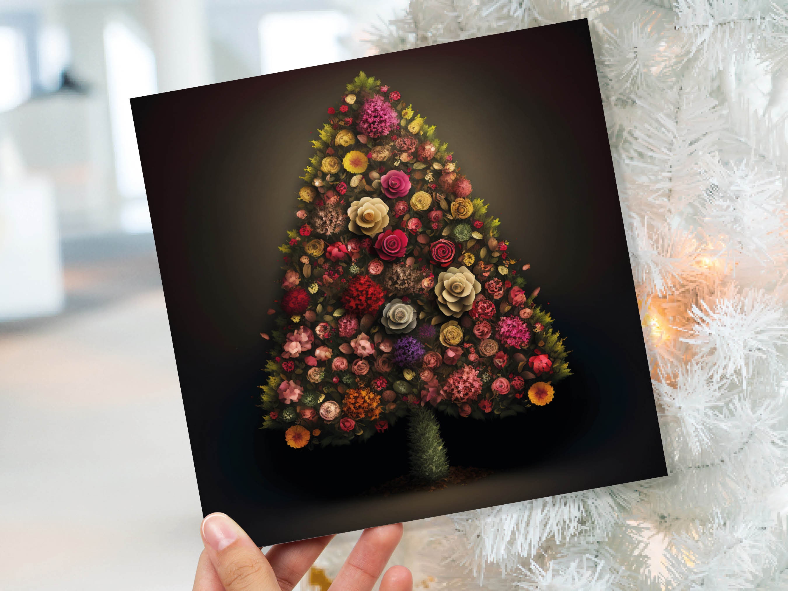 Floral Christmas Tree Card Pink Floral Bouquet Arrangement for Florists Gardeners Flower Greetings Cards Family Friends Xmas 2024 Nature