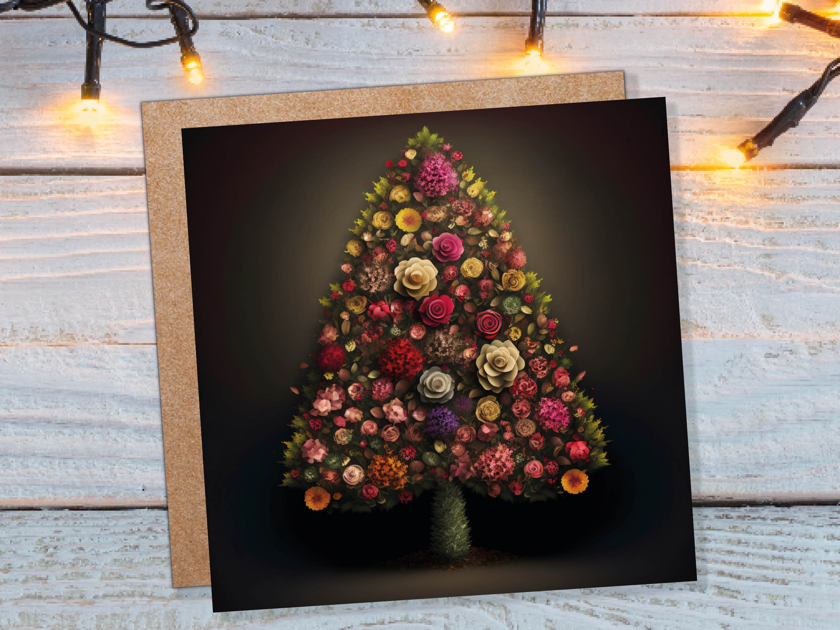 Floral Christmas Tree Card Pink Floral Bouquet Arrangement for Florists Gardeners Flower Greetings Cards Family Friends Xmas 2024 Nature - View 2