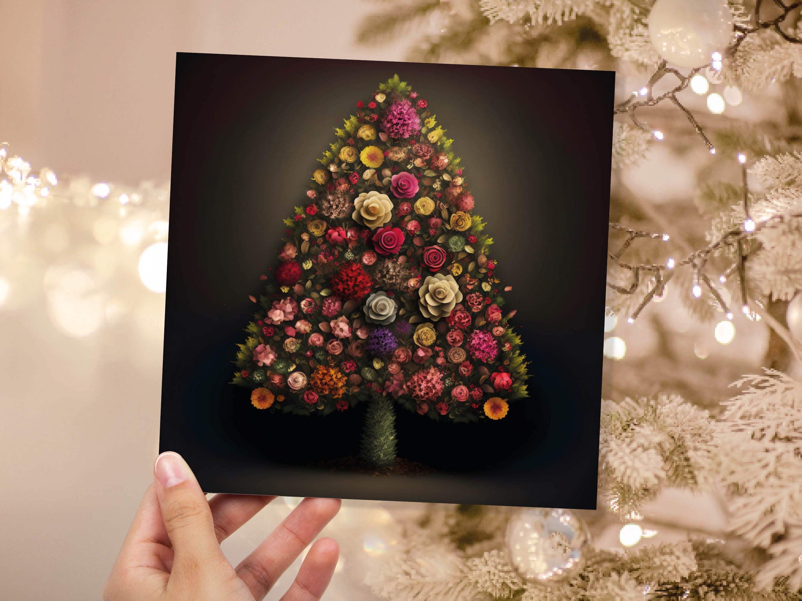 Floral Christmas Tree Card Pink Floral Bouquet Arrangement for Florists Gardeners Flower Greetings Cards Family Friends Xmas 2024 Nature - View 3