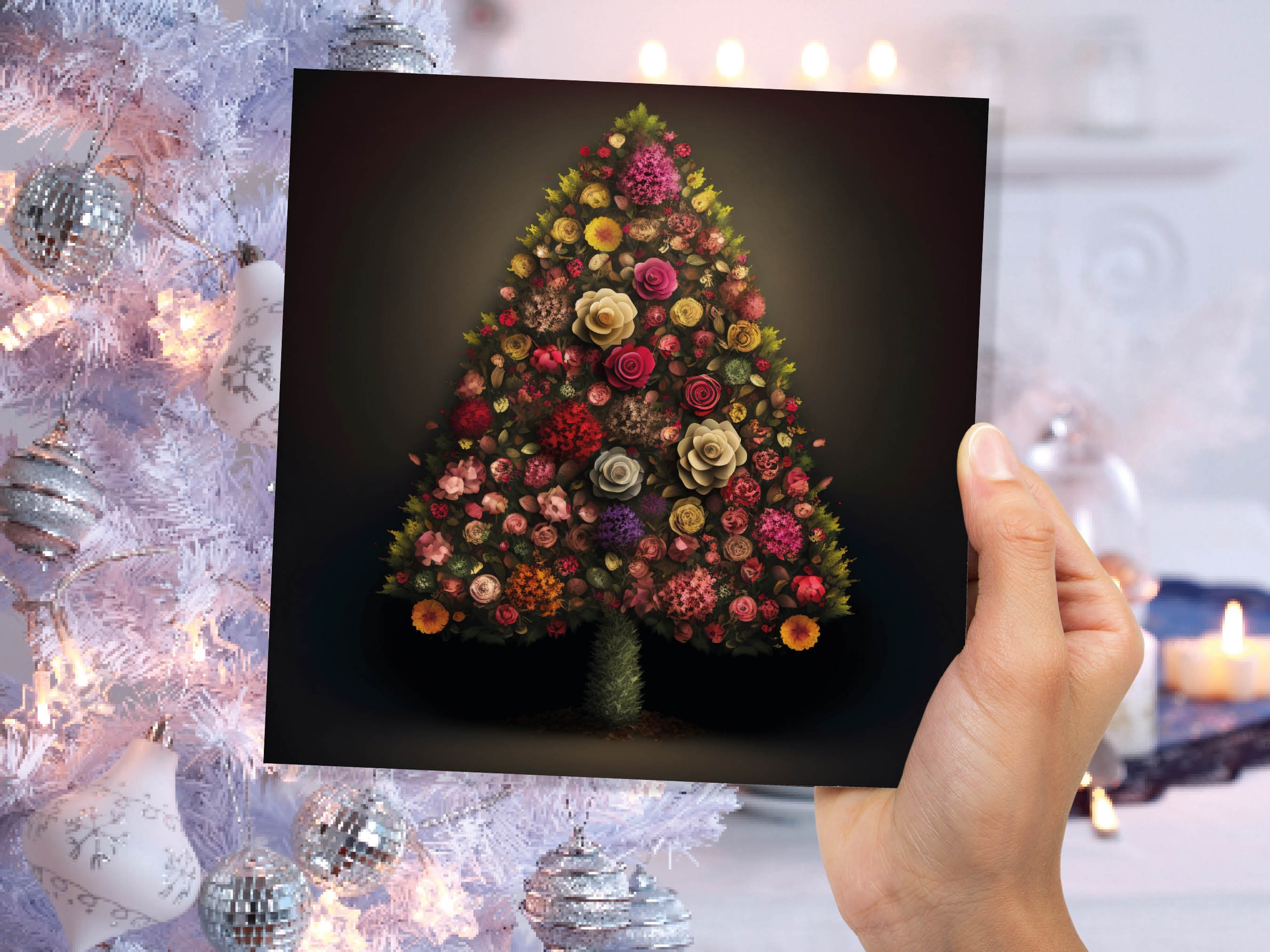 Floral Christmas Tree Card Pink Floral Bouquet Arrangement for Florists Gardeners Flower Greetings Cards Family Friends Xmas 2024 Nature - View 4