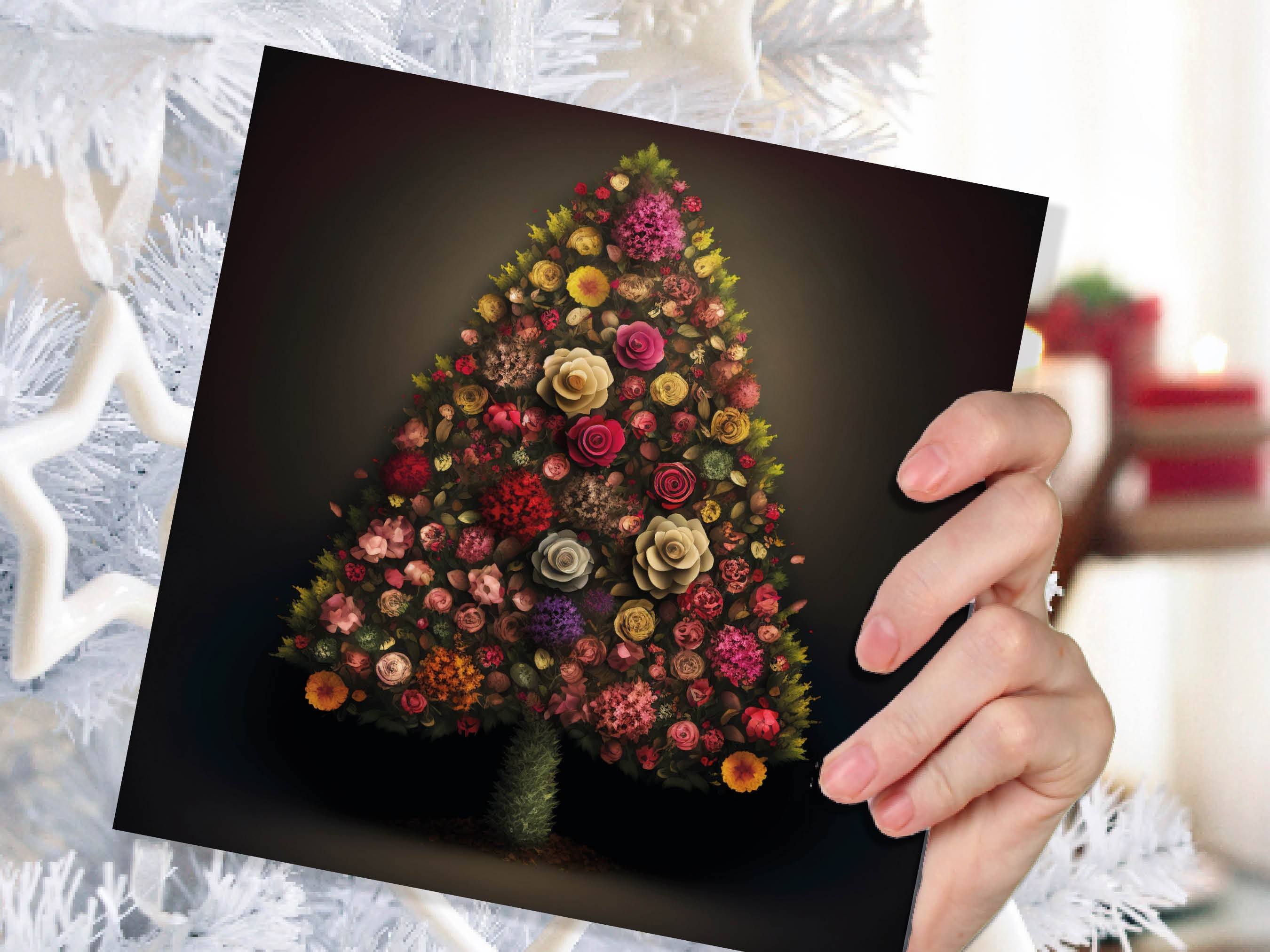 Floral Christmas Tree Card Pink Floral Bouquet Arrangement for Florists Gardeners Flower Greetings Cards Family Friends Xmas 2024 Nature - View 7