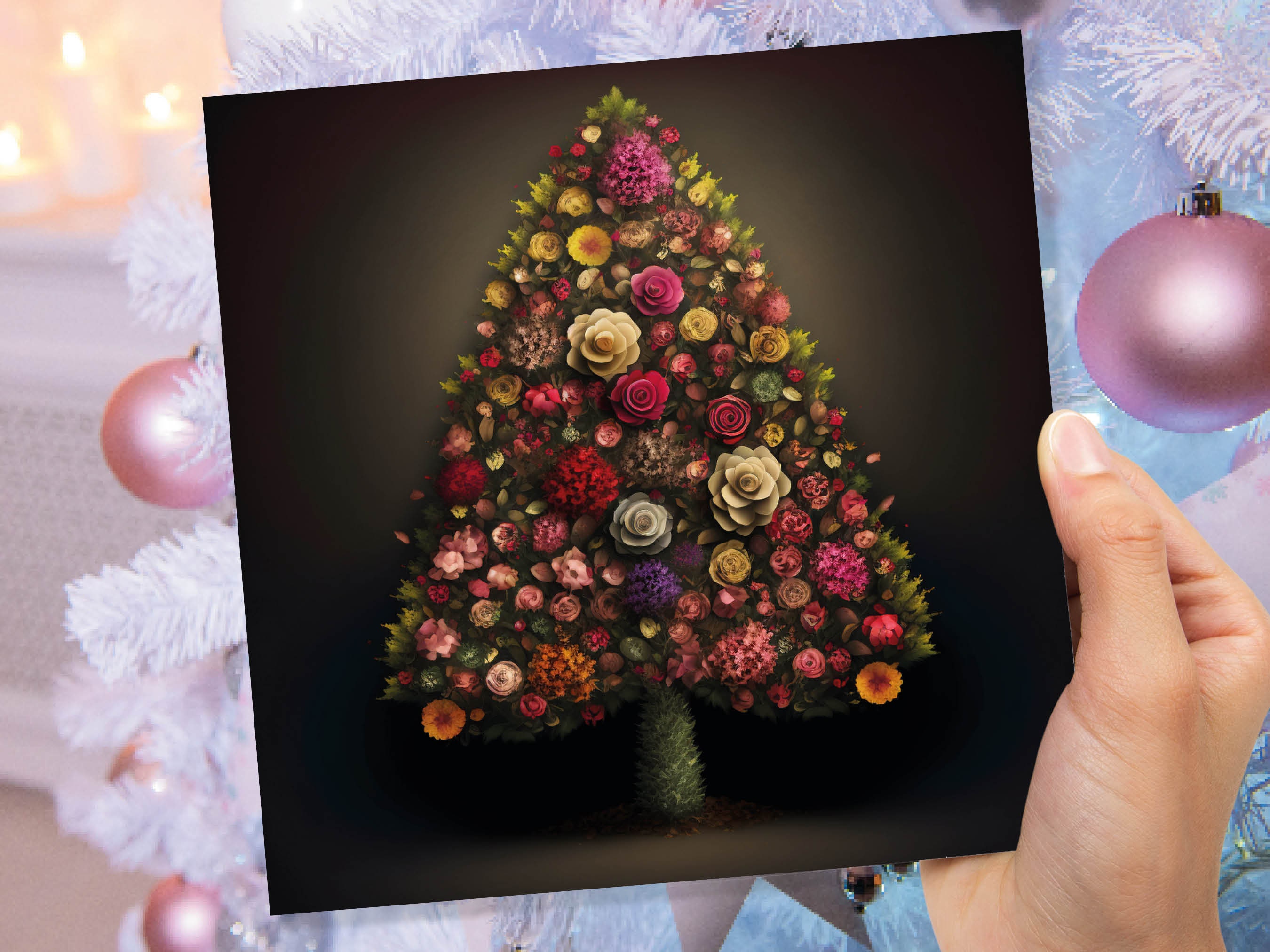 Floral Christmas Tree Card Pink Floral Bouquet Arrangement for Florists Gardeners Flower Greetings Cards Family Friends Xmas 2024 Nature - View 8