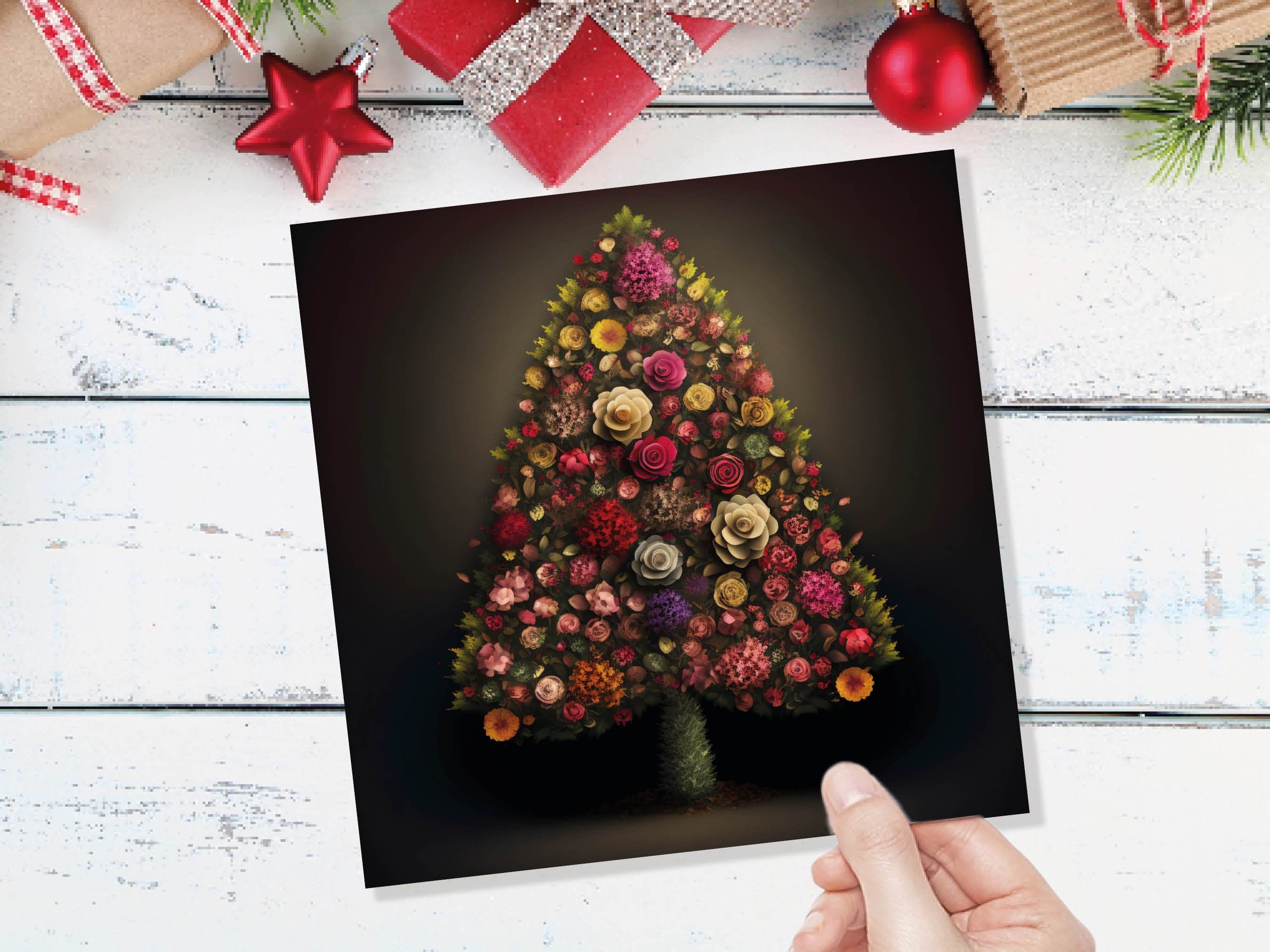 Floral Christmas Tree Card Pink Floral Bouquet Arrangement for Florists Gardeners Flower Greetings Cards Family Friends Xmas 2024 Nature - View 9