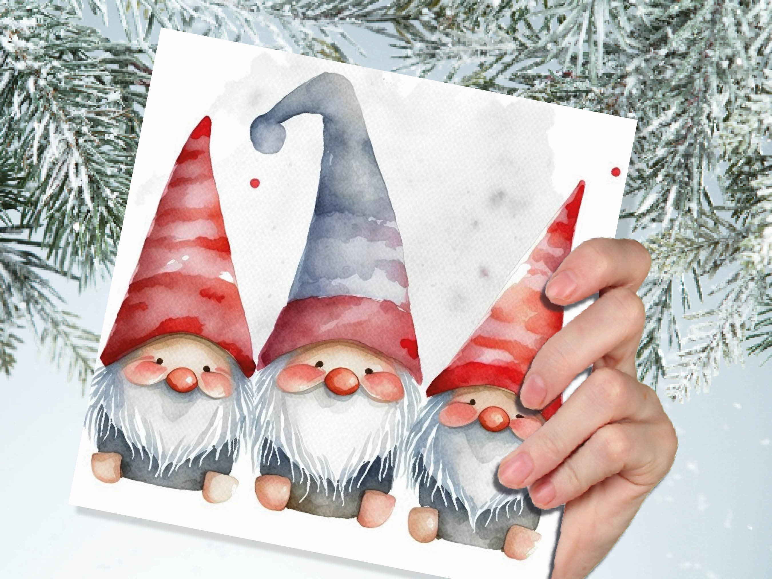 Gonk Gnomes Card Cute Red band Grey Watercolour Painting Pointy Hats and Beards Greetings Cards For Family Best Friends Xmas 2024 Thank You