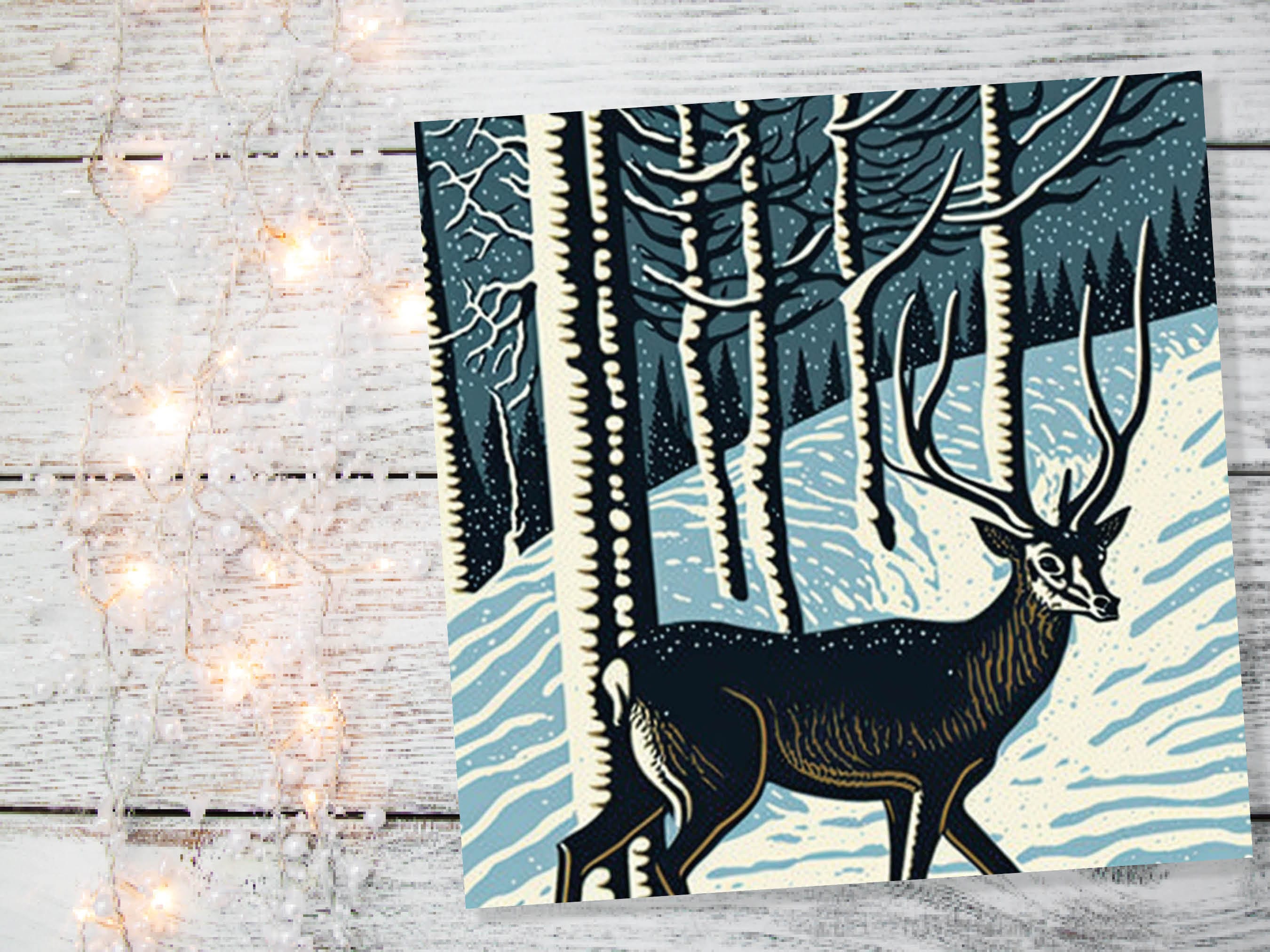 Linocut Deer Card Winter Snowy Woodland Illustration Blue White Black Landscape Snow Scene Greetings For Family Friends Xmas 2024 Thank You