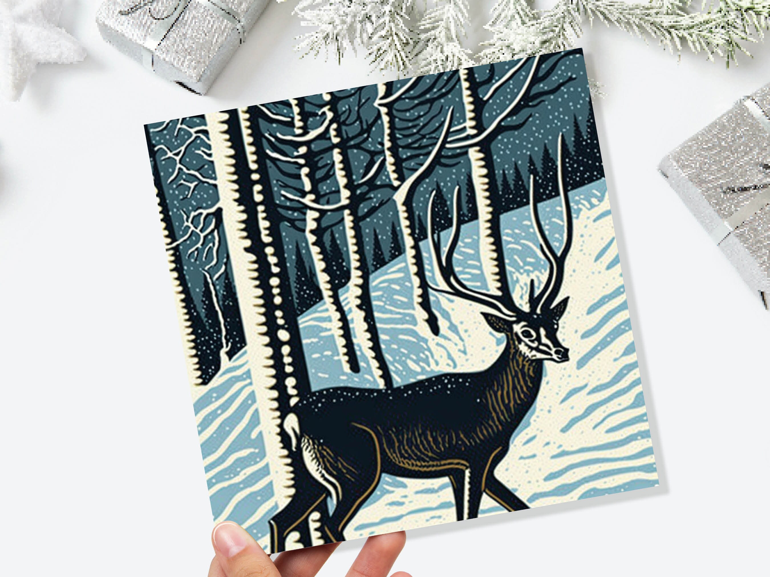 Linocut Deer Card Winter Snowy Woodland Illustration Blue White Black Landscape Snow Scene Greetings For Family Friends Xmas 2024 Thank You - View 2