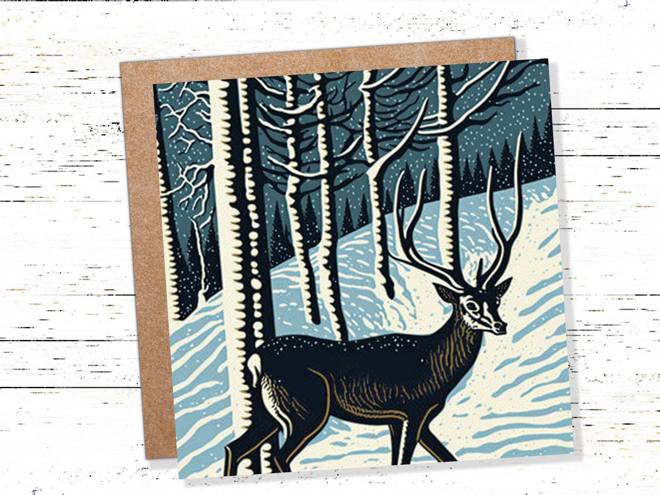 Linocut Deer Card Winter Snowy Woodland Illustration Blue White Black Landscape Snow Scene Greetings For Family Friends Xmas 2024 Thank You - View 3