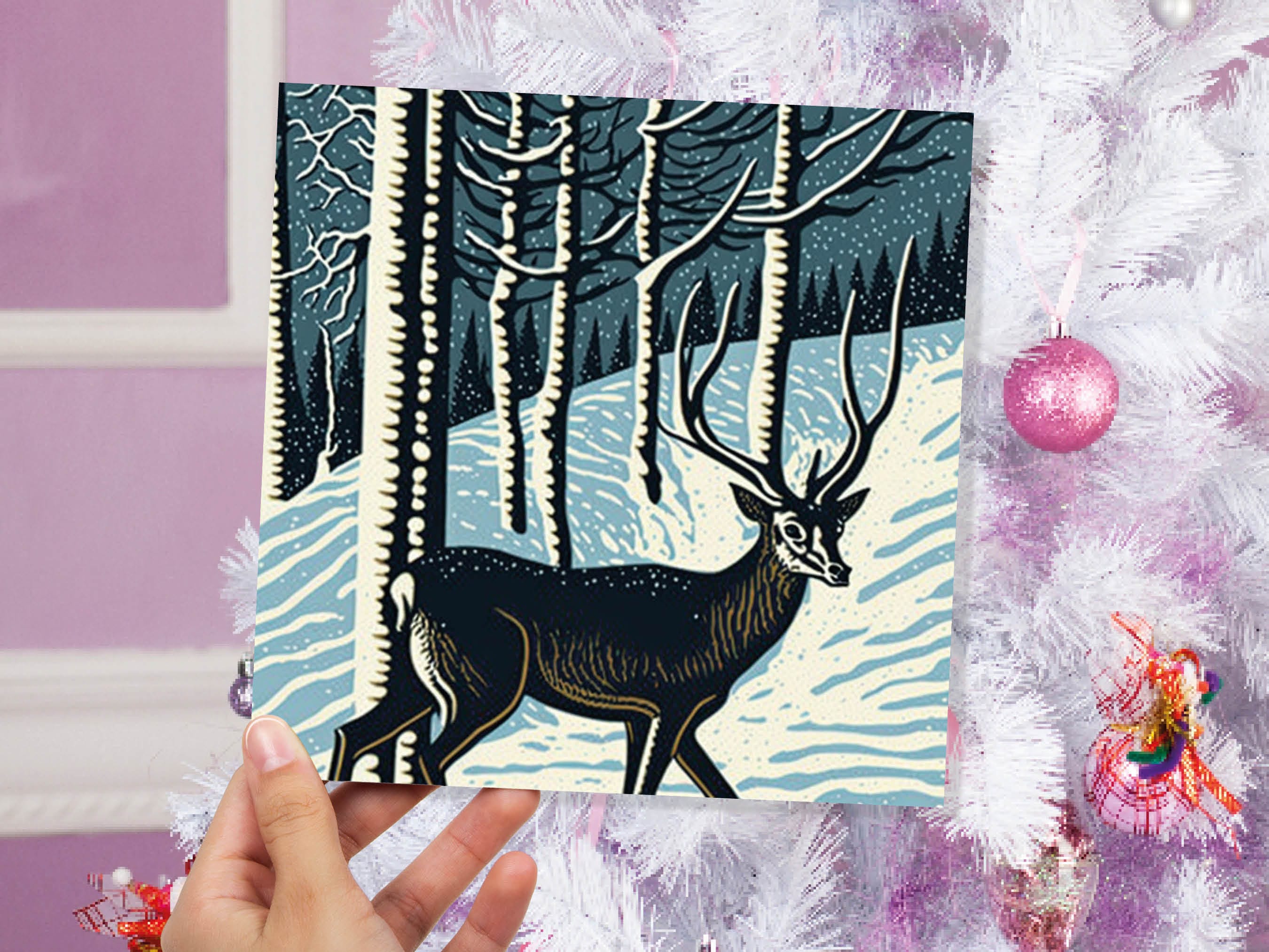 Linocut Deer Card Winter Snowy Woodland Illustration Blue White Black Landscape Snow Scene Greetings For Family Friends Xmas 2024 Thank You - View 4