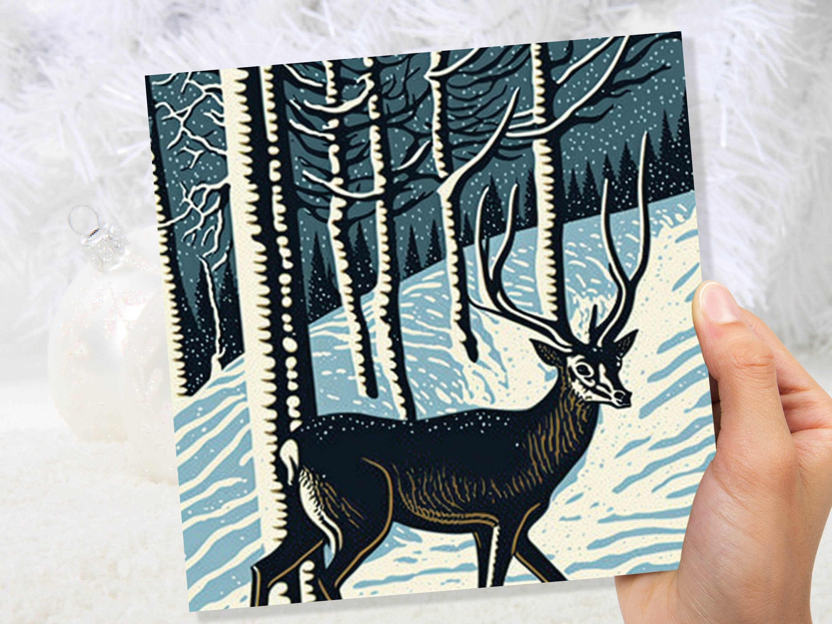 Linocut Deer Card Winter Snowy Woodland Illustration Blue White Black Landscape Snow Scene Greetings For Family Friends Xmas 2024 Thank You - View 5