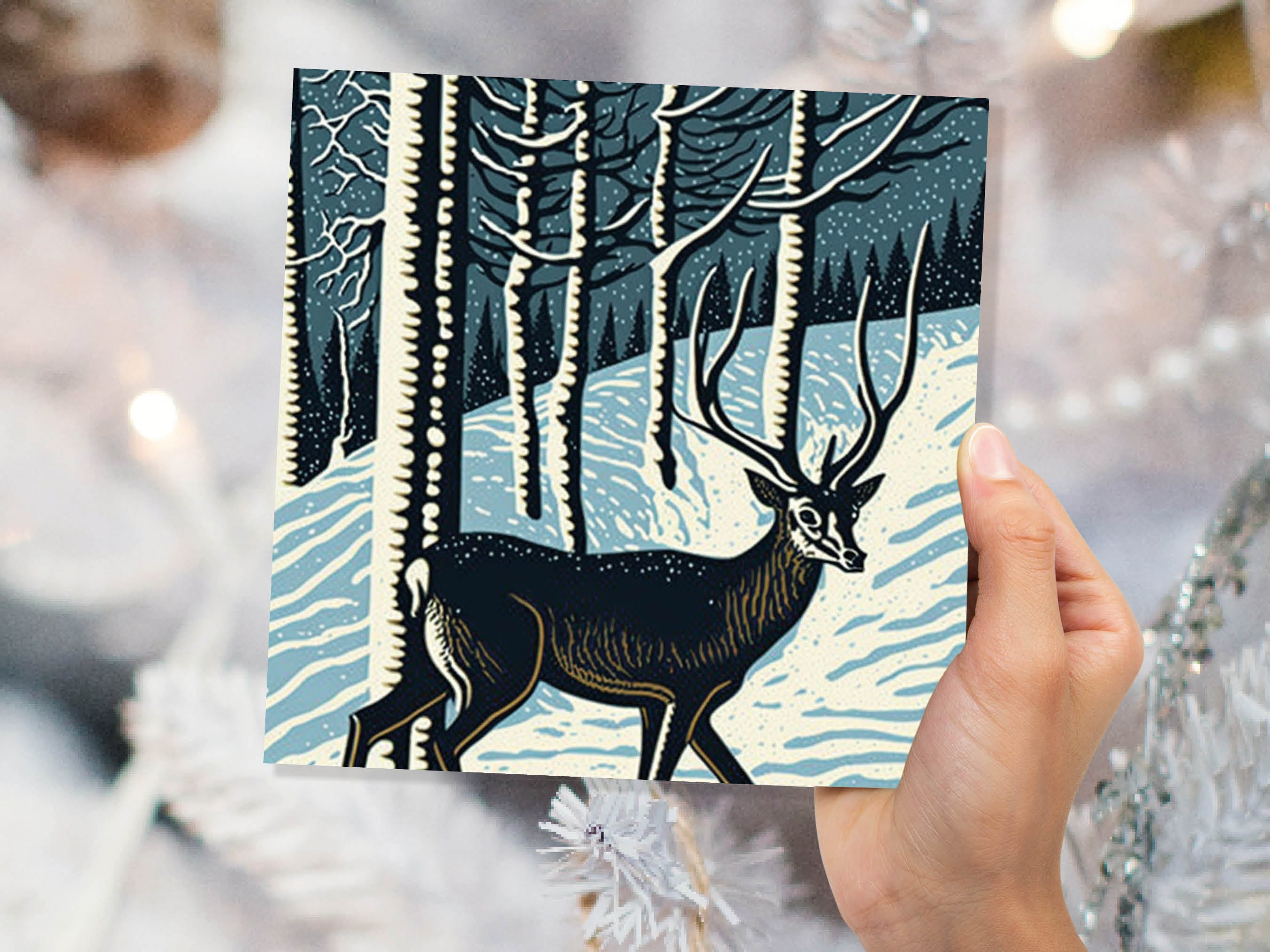 Linocut Deer Card Winter Snowy Woodland Illustration Blue White Black Landscape Snow Scene Greetings For Family Friends Xmas 2024 Thank You - View 6