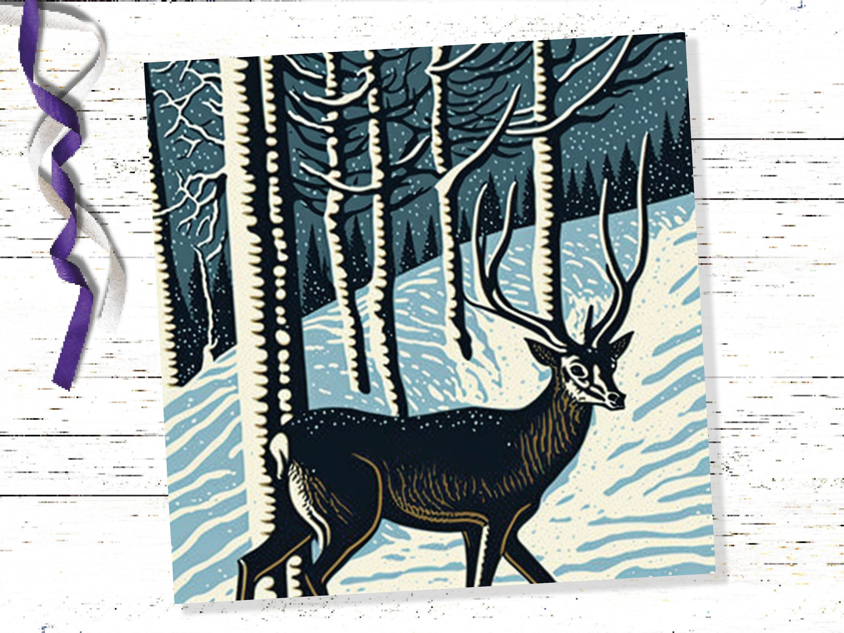 Linocut Deer Card Winter Snowy Woodland Illustration Blue White Black Landscape Snow Scene Greetings For Family Friends Xmas 2024 Thank You - View 8