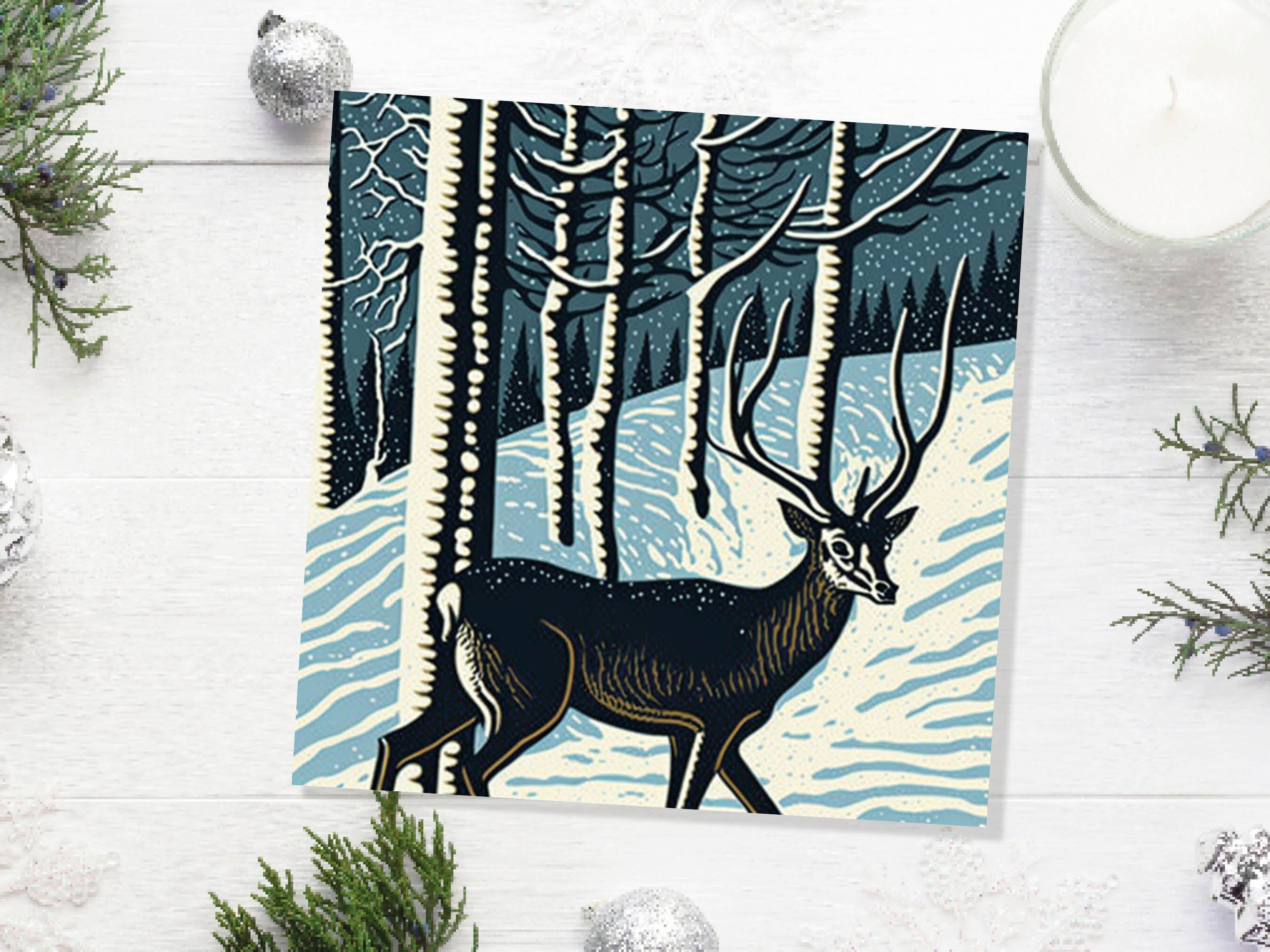 Linocut Deer Card Winter Snowy Woodland Illustration Blue White Black Landscape Snow Scene Greetings For Family Friends Xmas 2024 Thank You - View 9