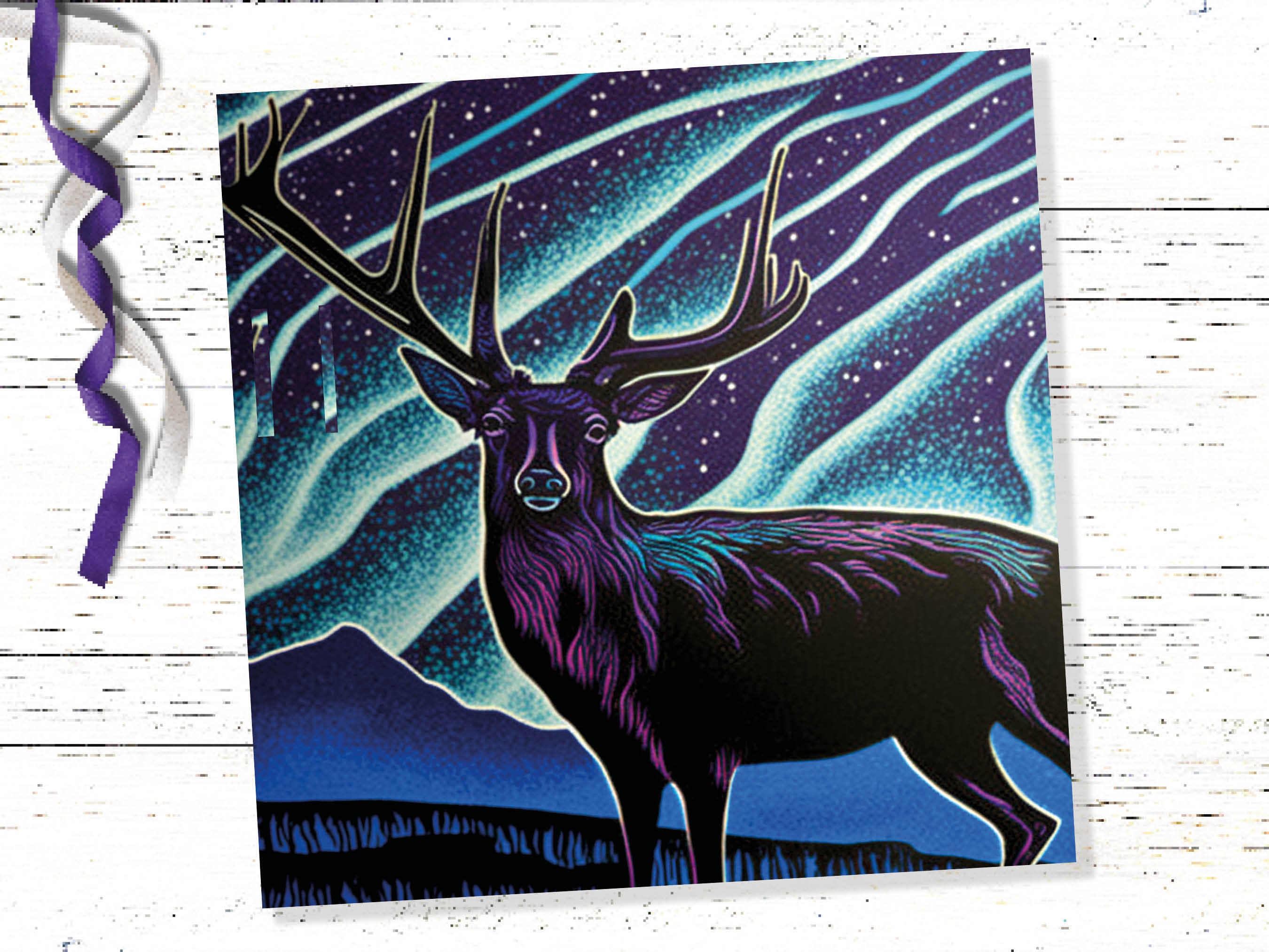 Linocut Deer Card Northern Lights Winter Landscape Night Sky Illustration Snowy Snow Scene Greetings For Family Friends Xmas 2024 Thank You