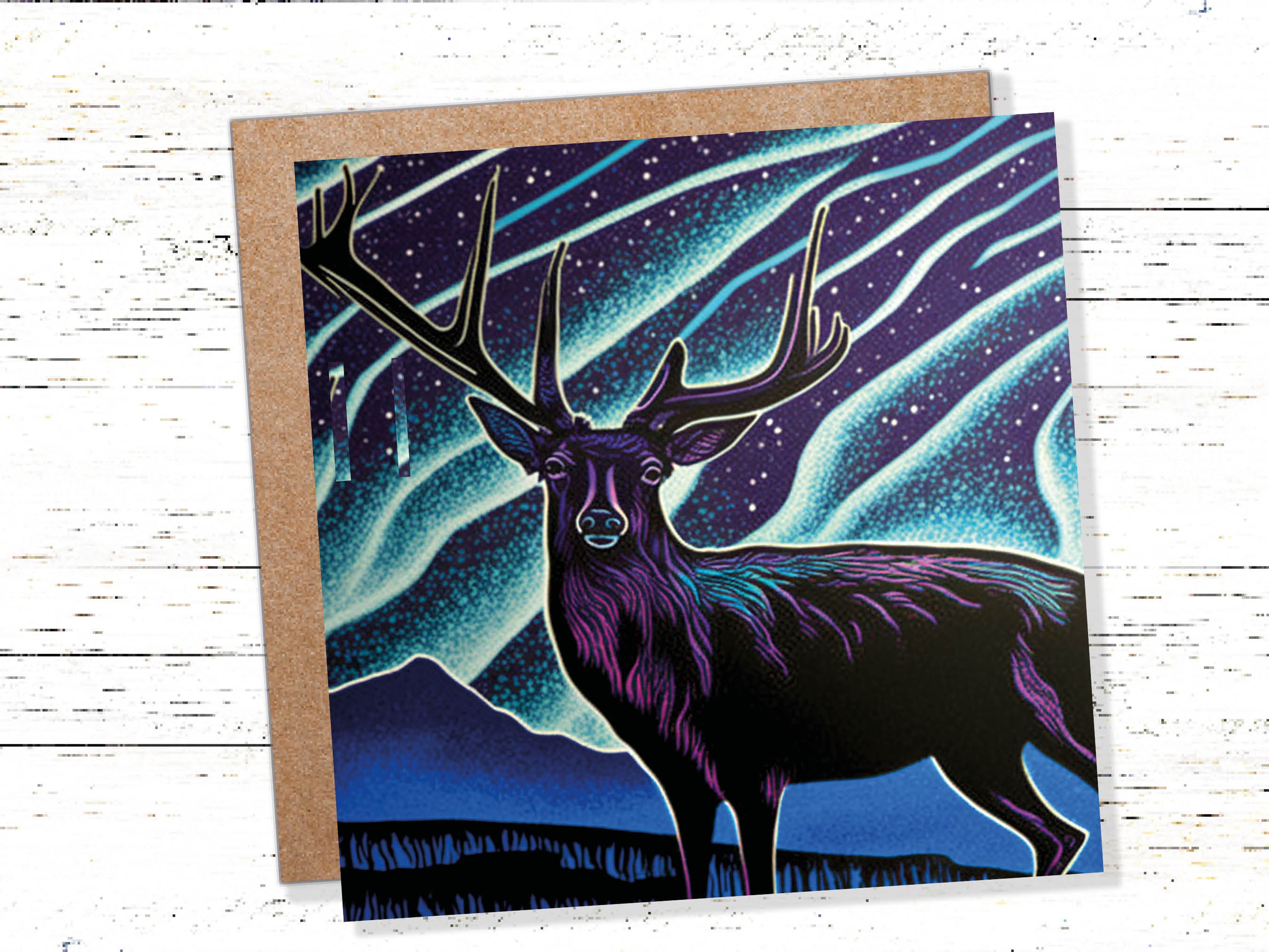 Linocut Deer Card Northern Lights Winter Landscape Night Sky Illustration Snowy Snow Scene Greetings For Family Friends Xmas 2024 Thank You - View 2