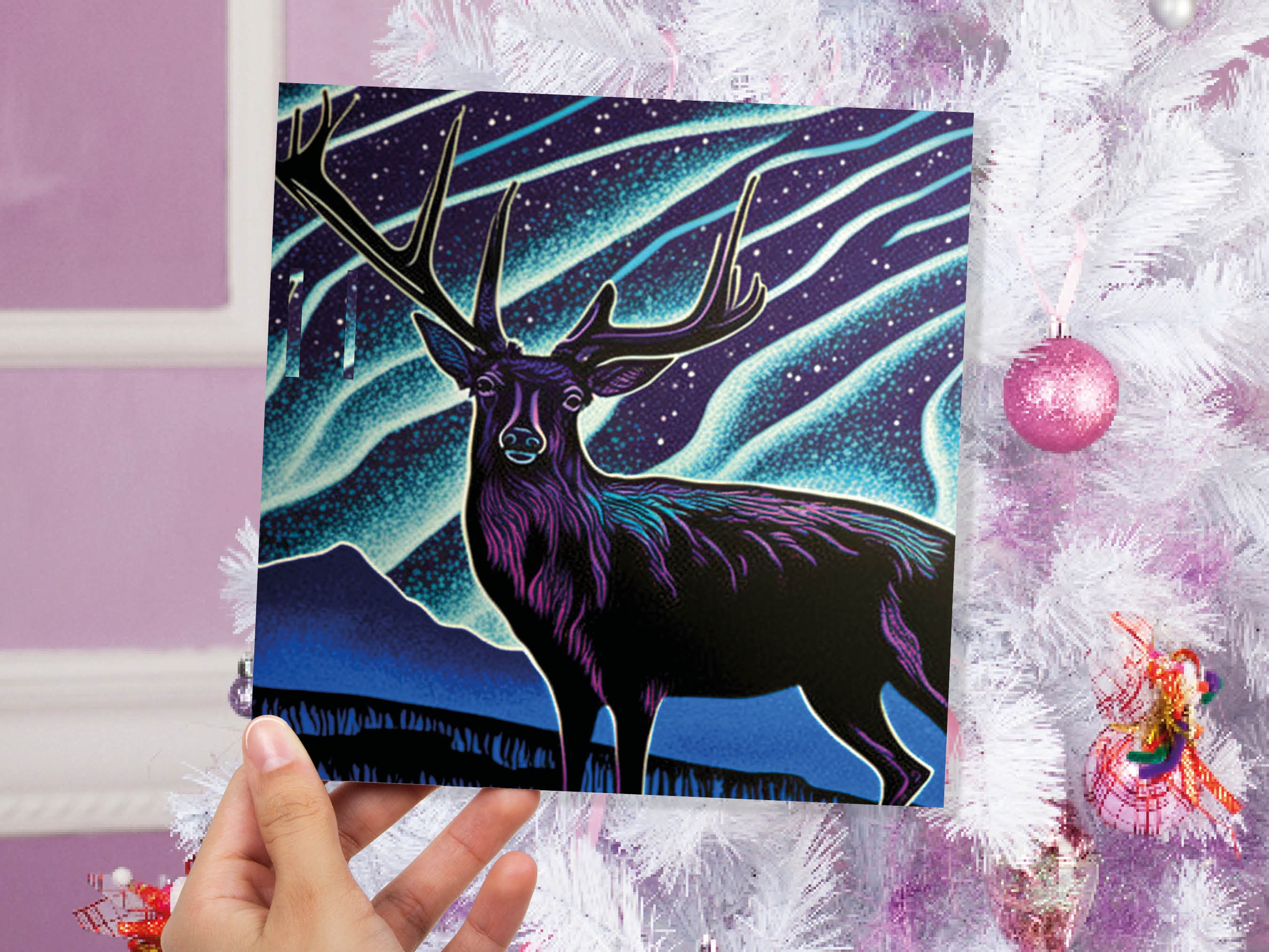 Linocut Deer Card Northern Lights Winter Landscape Night Sky Illustration Snowy Snow Scene Greetings For Family Friends Xmas 2024 Thank You - View 3